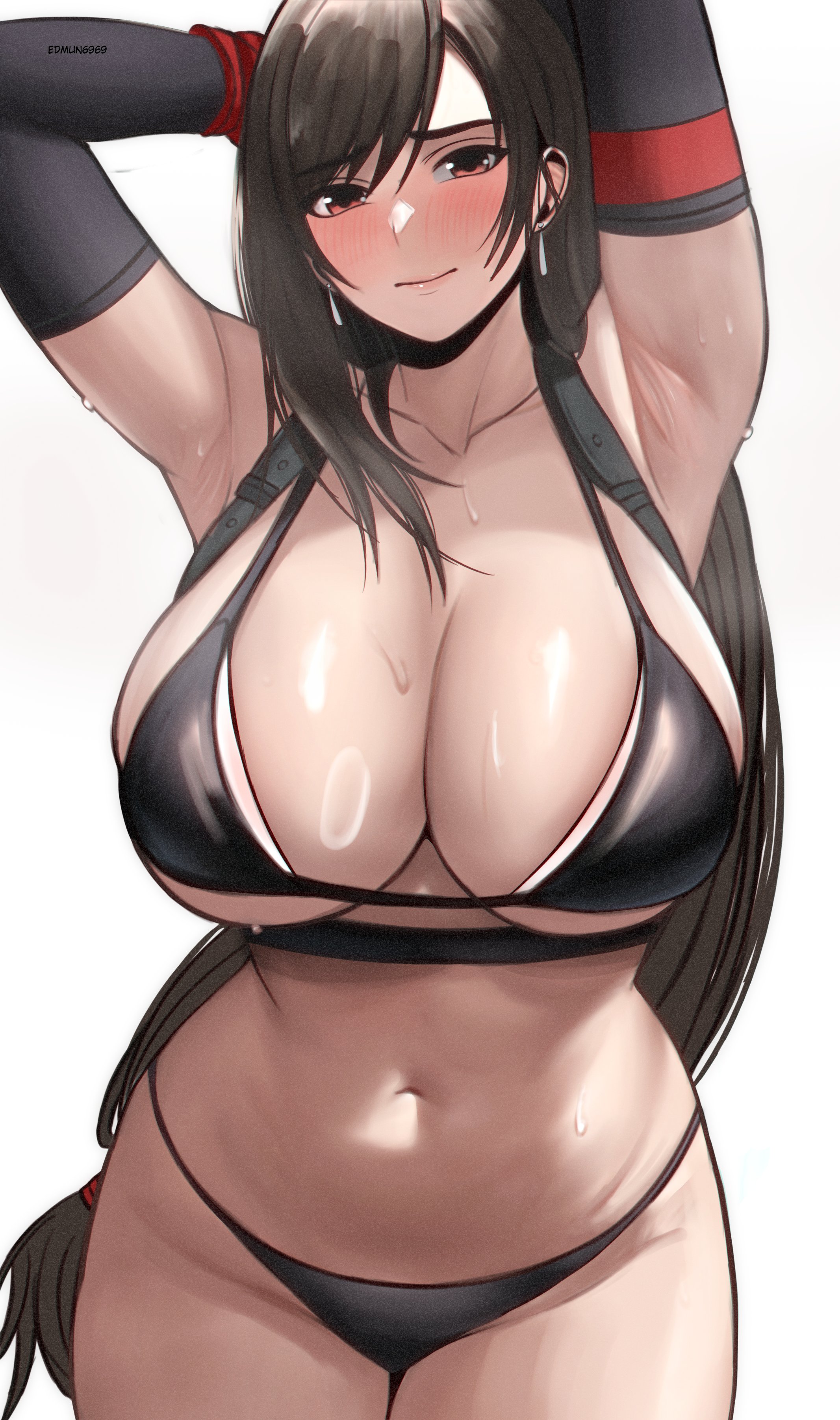 1girls, armpits, arms up, bikini, black bikini, black hair, blush, breasts, edmun, embarrassed, female, final fantasy, final fantasy vii, final fantasy vii remake, hi res, hips, huge breasts, light skin, light-skinned female, long hair, red eyes, simple background, sweat, sweaty body, thick thighs, thighs, tifa lockhart, wide hips
