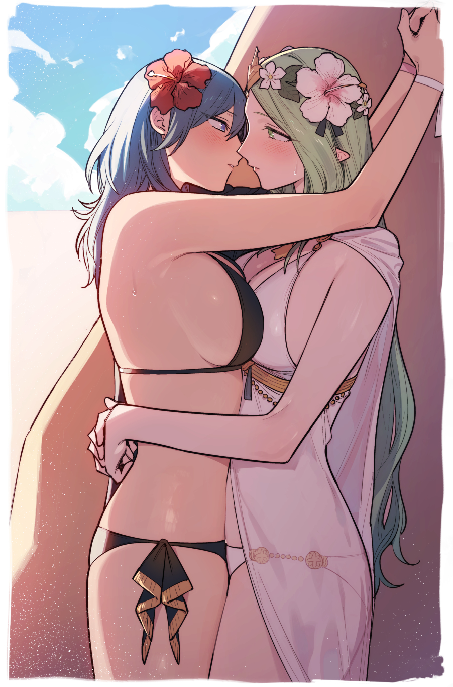 2girls alternate_costume arms_around_neck arms_around_waist bikini black_bikini black_swimsuit blue_eyes blue_hair blush border breast_press breasts byleth_(fire_emblem) byleth_(fire_emblem)_(female) byleth_(summer)_(fire_emblem)_(female) cleavage cloud commentary_request day embrace eye_contact female female_only fire_emblem fire_emblem:_three_houses fire_emblem_heroes flower from_side green_eyes green_hair hair_between_eyes hair_flower hair_ornament head_wreath hibiscus higher_resolution_duplicate highres ikarin imminent_kiss large_breasts long_hair looking_at_another multiple_girls nintendo official_alternate_costume older_female outdoors parted_lips pink_flower pointy_ears profile red_flower rhea_(fire_emblem) rhea_(summer)_(fire_emblem) see-through sky sweat swimsuit symmetrical_docking very_long_hair white_bikini white_border white_swimsuit yuri