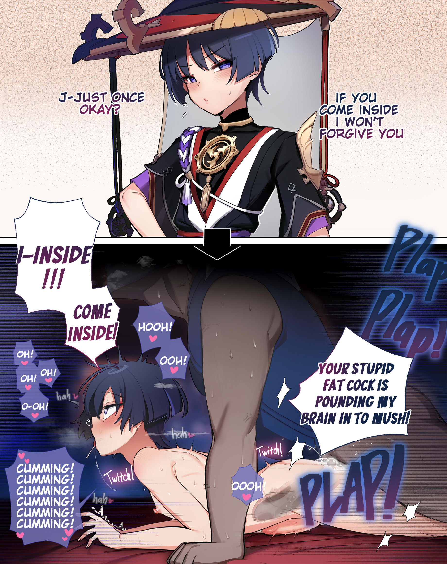2boys, blue hair, blush, blushing, comic, cum, cum inside request, femboy, gay, gay male, genshin impact, girly, instant loss 2koma, instanttnoodle, looking pleasured, male, male only, mind break, otoko no ko, otokonoko, purple eyes, rape, scaramouche (genshin impact), short hair, yaoi