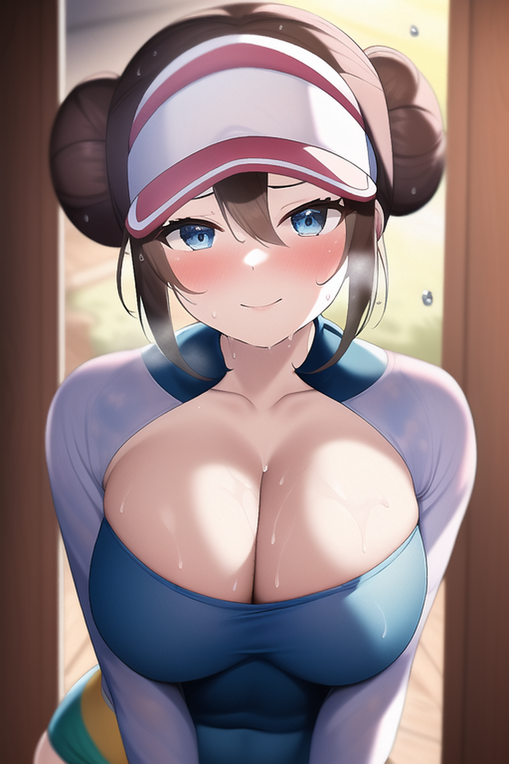 1girls, ai generated, blue eyes, breasts, brown hair, bust portrait, female, game freak, huge breasts, light skin, light-skinned female, long hair, looking at viewer, nai diffusion, nintendo, pokemon, pokemon bw2, rosa (pokemon), smile, solo, solo female, stable diffusion, sweat, sweaty body, twin buns, twintails