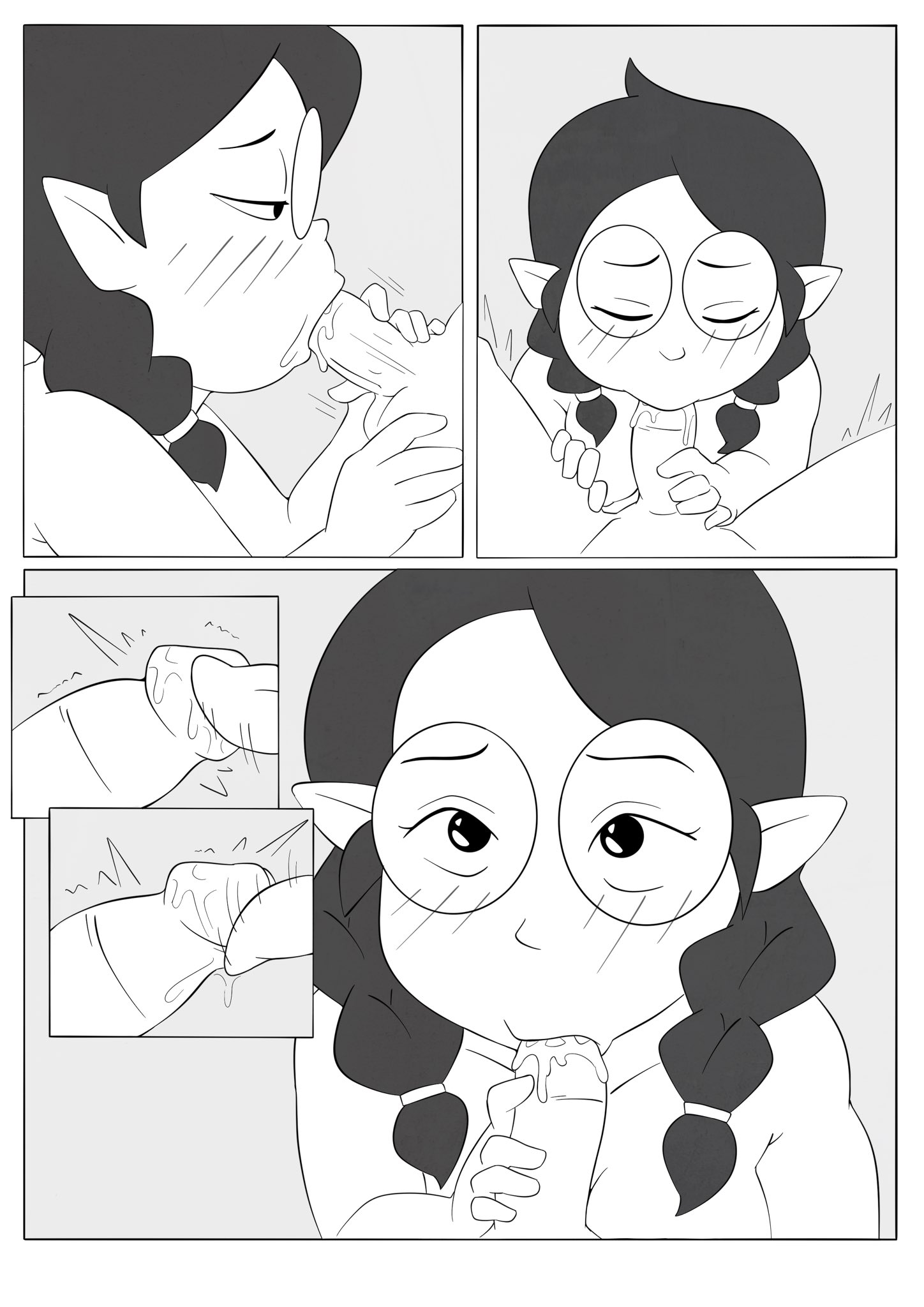 1boy, 1girls, balls, blowjob, blowjob face, blush, braided hair, chubby, chubby female, comic, comic page, disney, disney channel, duo, female, glasses, grabbing penis, greyscale, hunter (the owl house), licking penis, looking at viewer, male, monochrome, penis, perspective, saliva drip, short hair, spread legs, testicles, the owl house, thrumbo, topless, topless female, wet penis, willow park