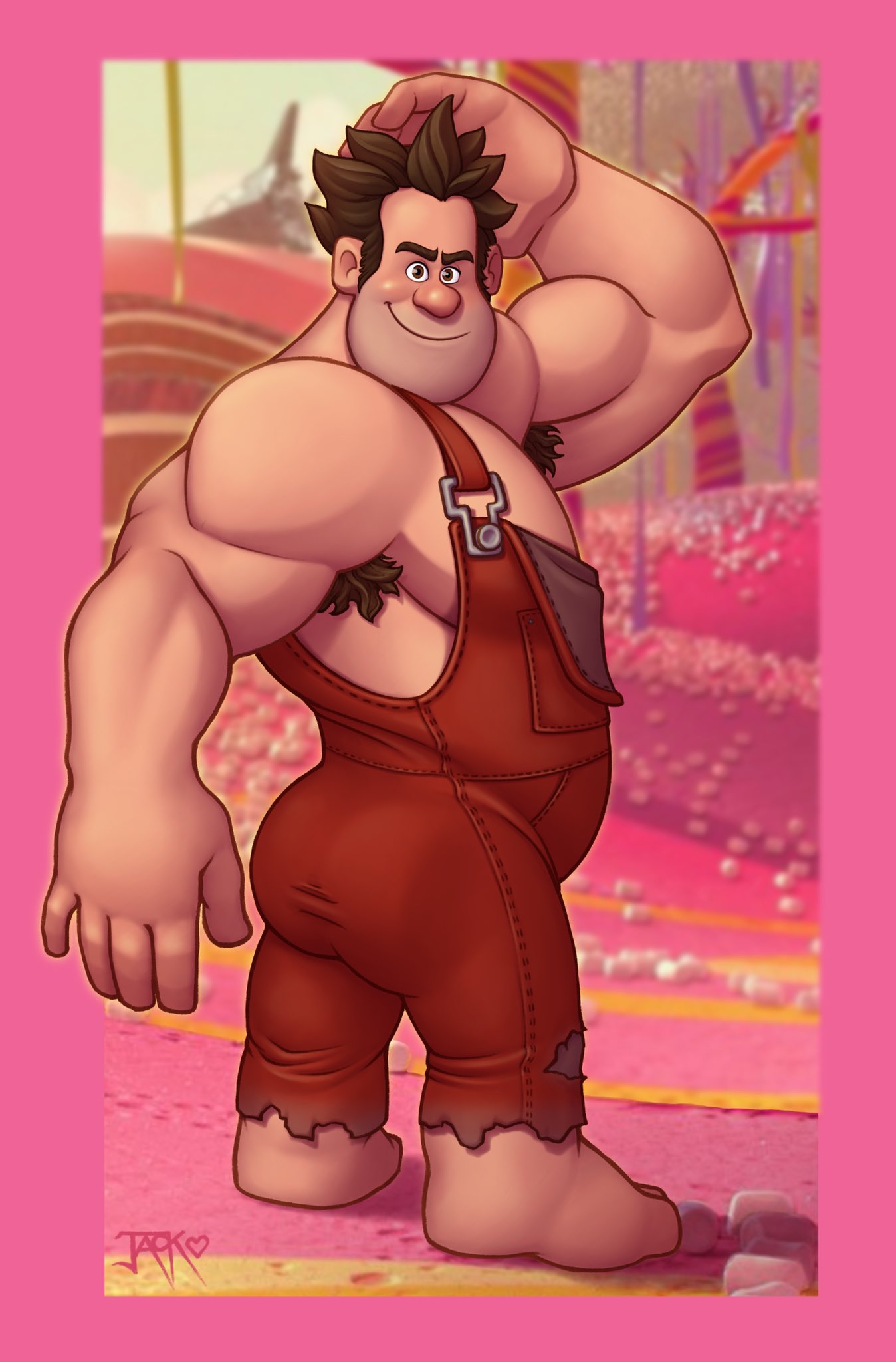 armpit_hair ass butt clothed disney flexing jack_off_hearts looking_at_viewer looking_back male male_only muscles muscular muscular_male overalls ralph_(wreck-it_ralph) wreck-it_ralph