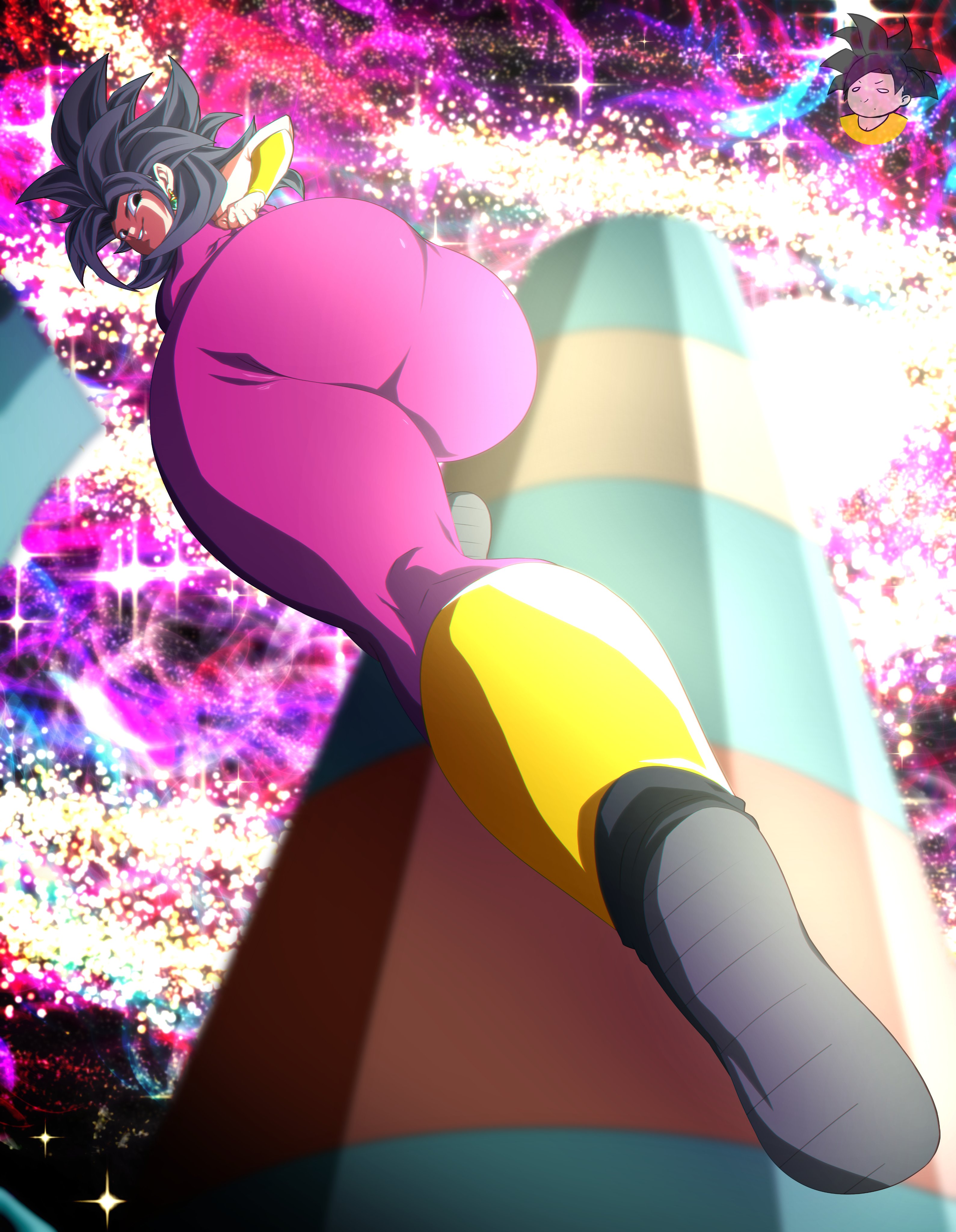ass, base form kefla, big ass, big butt, black eyes, black hair, dragon ball, dragon ball super, enormous ass, enormous butt, female, flying, giant ass, gigantic ass, gigantic butt, hair down, huge ass, huge butt, isxues, kefla, large ass, large butt, long hair, looking at viewer, looking back, massive ass, massive butt, perspective, potara earrings, spiky hair