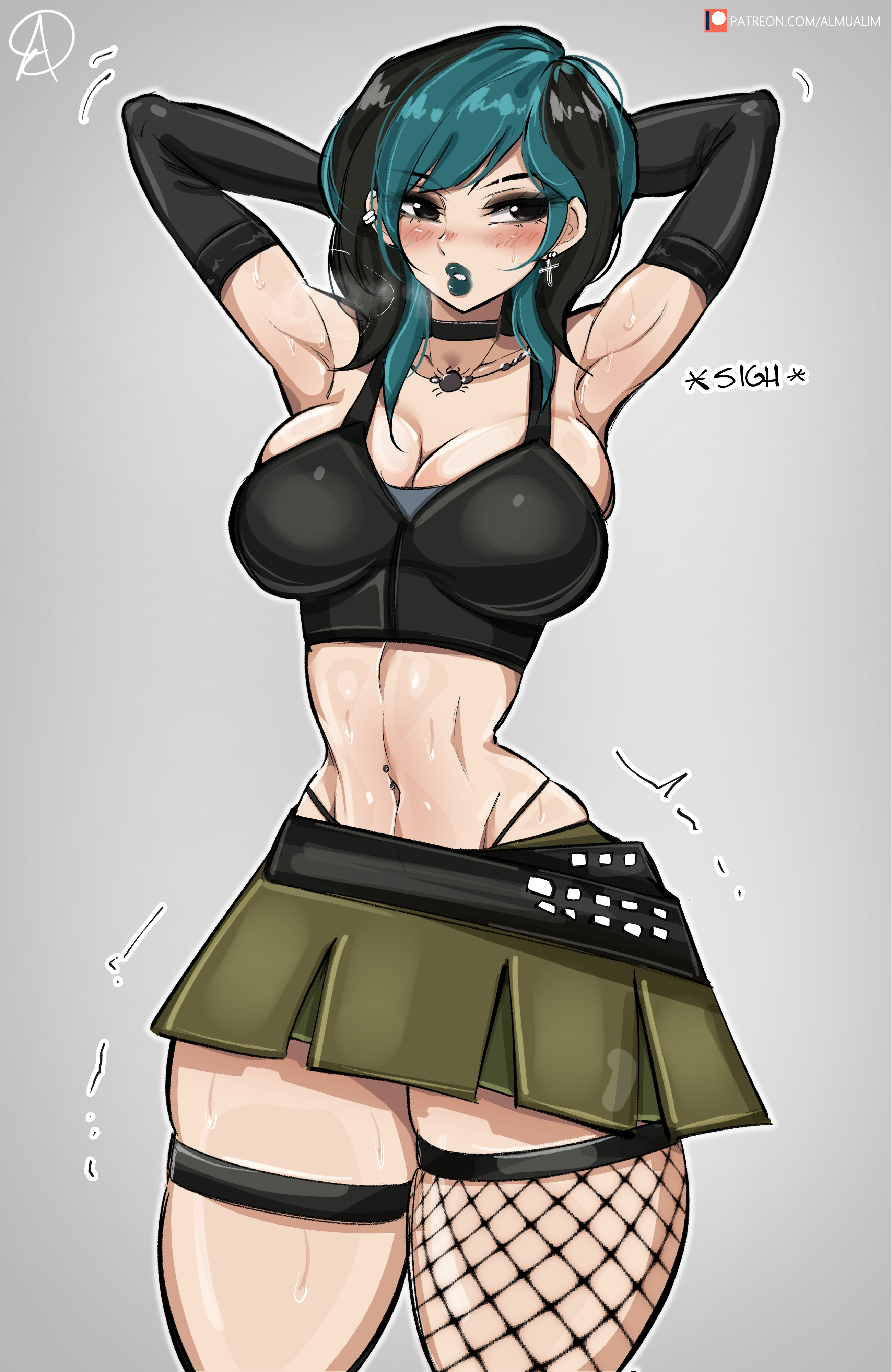1girls, almualim, armpits, arms behind head, arms up, black hair, breasts, female, goth, gwen (tdi), hi res, high thong, hips, large breasts, light skin, light-skinned female, pale skin, pale-skinned female, short hair, short skirt, skirt, slim waist, teal hair, thick lips, thick thighs, thighhighs, thighs, thong above skirt, thong straps, thongstraps, total drama island, two-tone hair