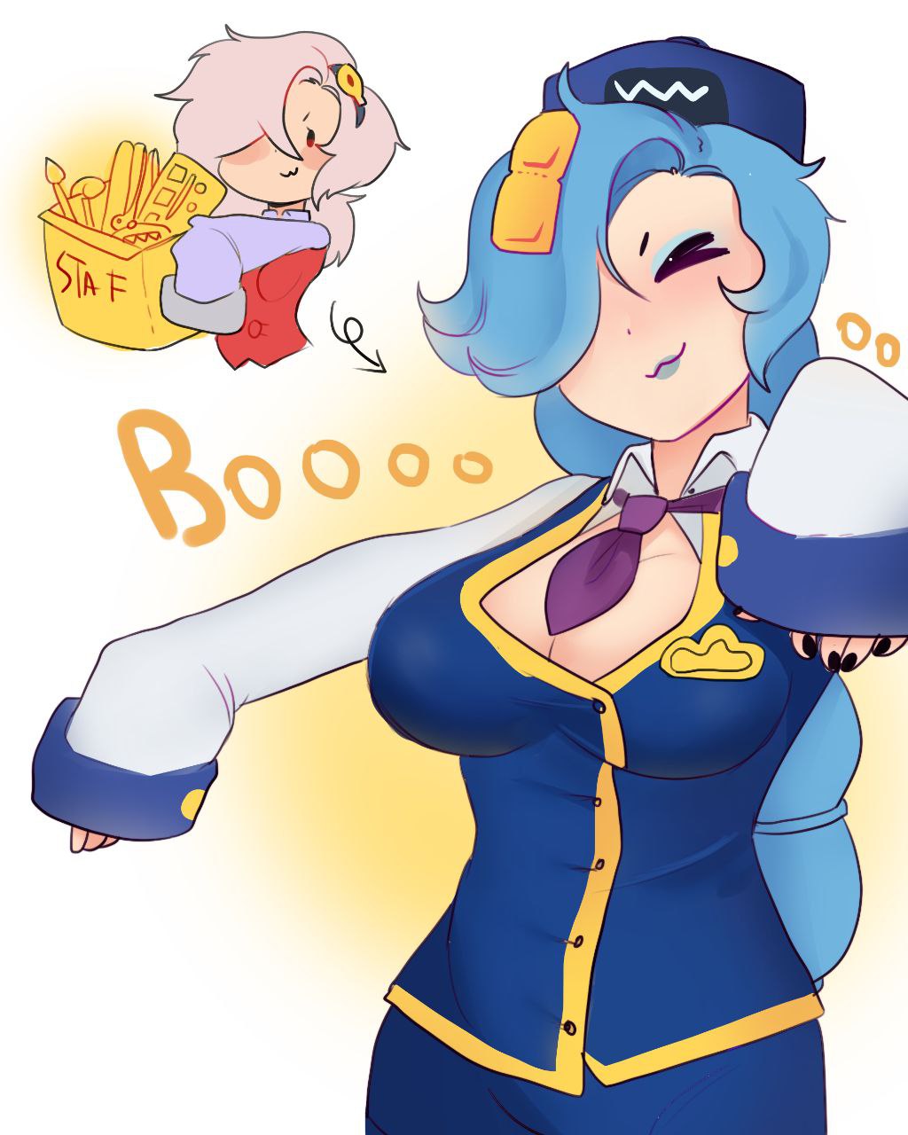 anapple black_fingernails blue_eyeshadow blue_hair blue_lipstick boob_window brawl_stars colette_(brawl_stars) comic halloween inspector_colette sfw supercell wholesome