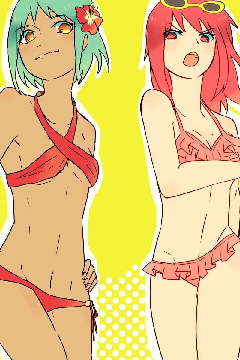 2girls angry assertive_female bikini eyewear eyewear_on_head female female_only flower fuu_(naruto) glasses glasses_on_head green_hair hair_flower hair_ornament hand_on_hip highres looking_at_viewer midriff multiple_girls naruto naruto_(series) naruto_shippuden navel o96ap open_mouth orange_eyes pink_bikini pink_one-piece_swimsuit red_bikini red_eyes red_hair red_one-piece_swimsuit side-tie_bikini_bottom smile standing sunglasses swimsuit uzumaki_karin