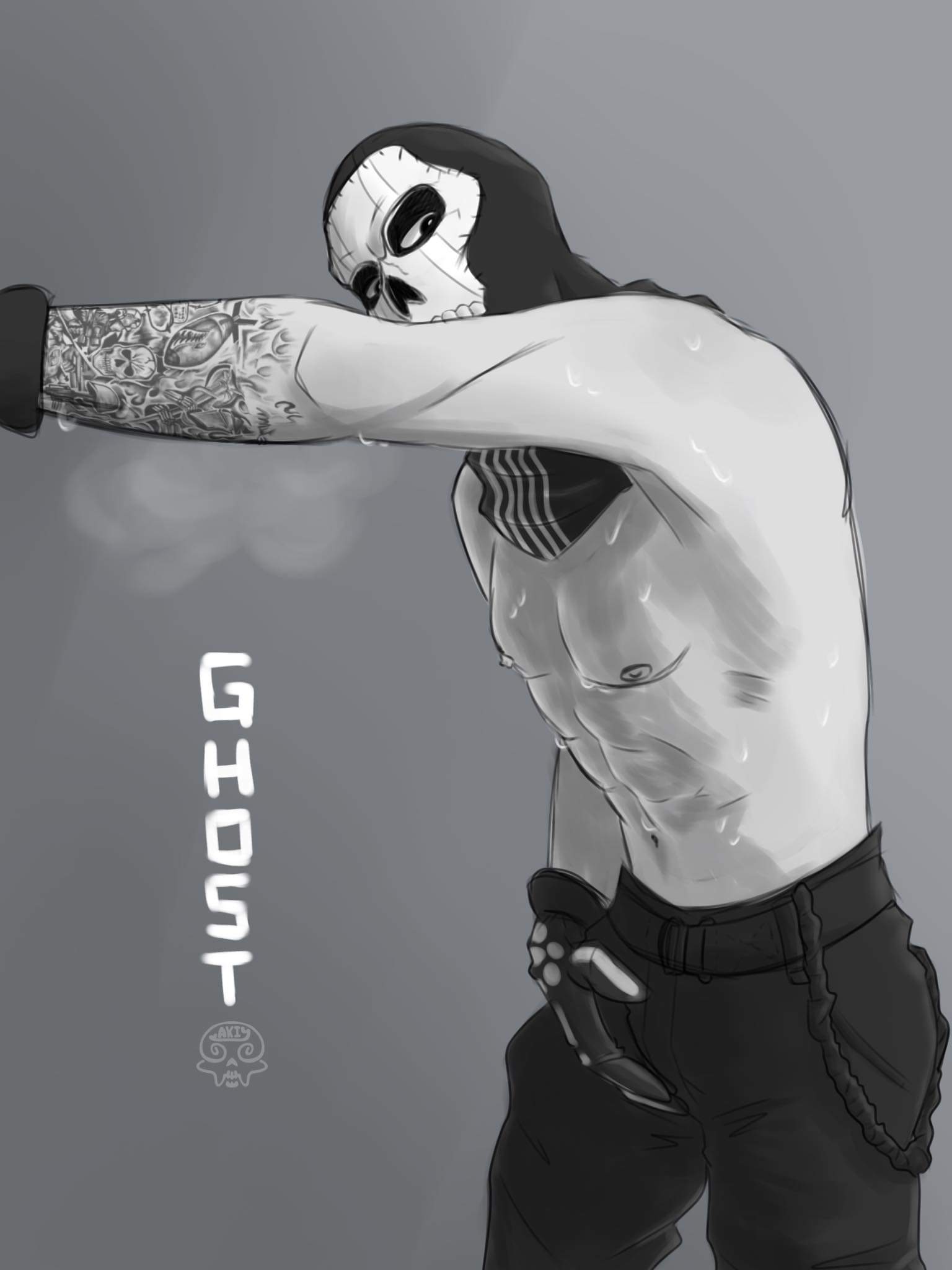 *breadbrain*, call of duty, call of duty modern warfare 2 (2022), ghost (modern warfare 2), male, male only, mask, shirtless, simon riley, skull, sweat