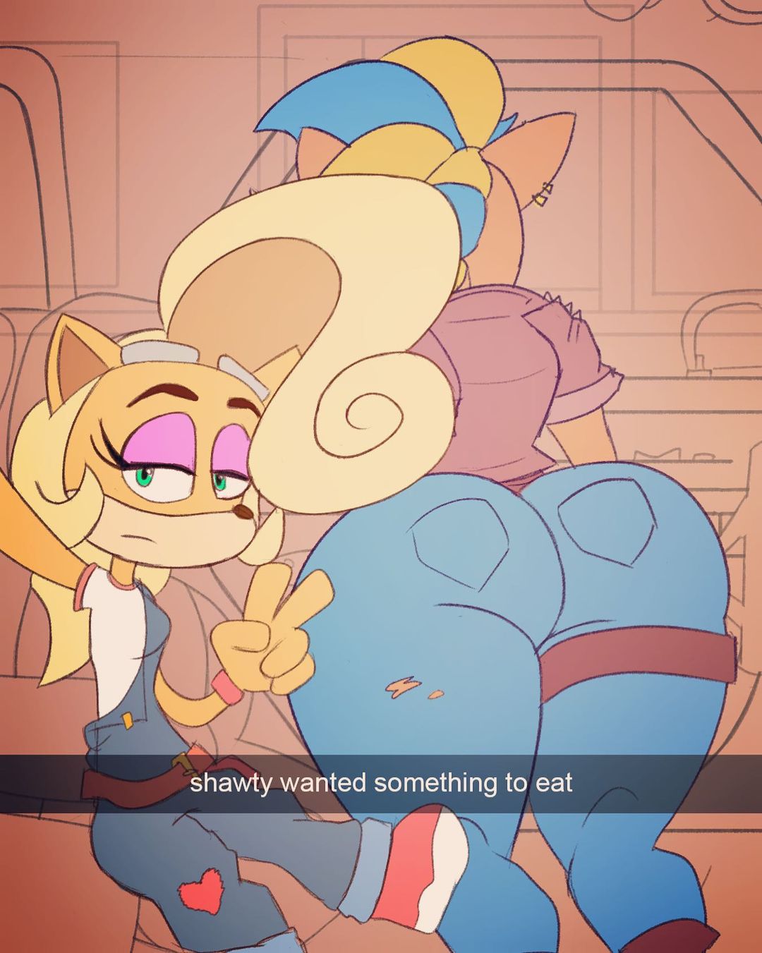 2girls, anthro, artist request, ass, ass focus, blonde hair, blue hair, coco bandicoot, crash (series), crash bandicoot (series), english text, female, female only, he wants to order, meme, multiple females, multiple girls, pirate tawna, she wants to order, snapchat, sony interactive entertainment, tawna bandicoot, tawna bandicoot (crash 4), text, two-tone hair, v, yuri