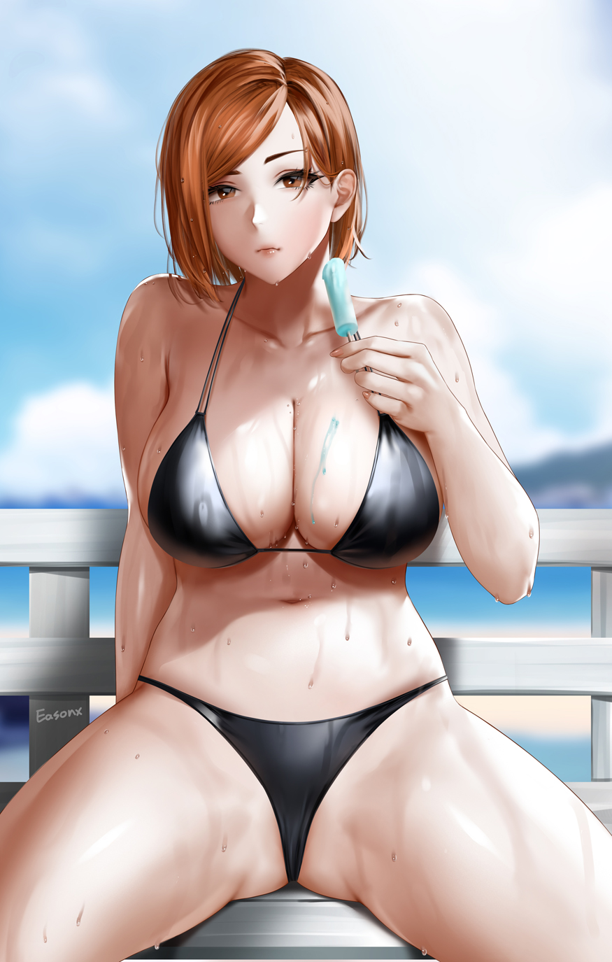 1girls, big breasts, bikini, bikini bottom, bikini top, black bikini, breasts, brown hair, brown-haired female, easonx, female, female only, hair, huge breasts, jujutsu kaisen, kugisaki nobara, lips, orange eyes, orange hair, orange-haired female, popsicle, solo, solo female, swimsuit, swimwear, thighs, wet, wet body