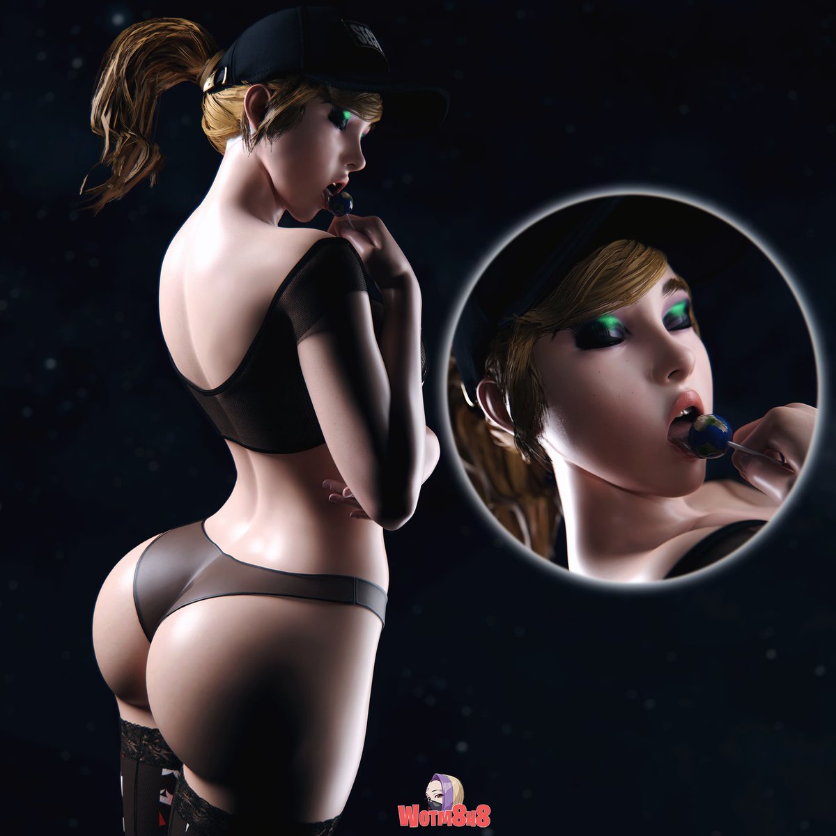 3d baseball_cap daz_studio five_nights_at_freddy's five_nights_at_freddy's:_security_breach fnaf licking_lollipop lingerie lollipop makeup mouth_open planet_earth ponytail stockings vanessa_(fnaf) watermark wotm8h8