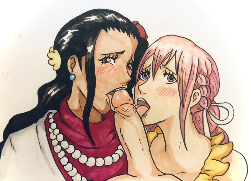 1boy 3girls artist_request aunt_and_niece big_penis black_hair blowjob blus dress female incest kissing_penis licking_penis male monkey_d_luffy one_piece pink_hair rebecca_(one_piece) viola_(one_piece)