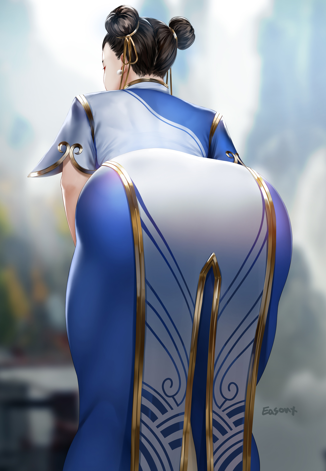 1girls, ass, ass focus, back, back view, bent over, big ass, blue pants, brown hair, bubble ass, bubble butt, capcom, chun-li, clothing, earrings, easonx, female, female only, fully clothed, hair bun, huge ass, muscular, muscular ass, solo, solo female, street fighter, street fighter 6, thick thighs, thighs