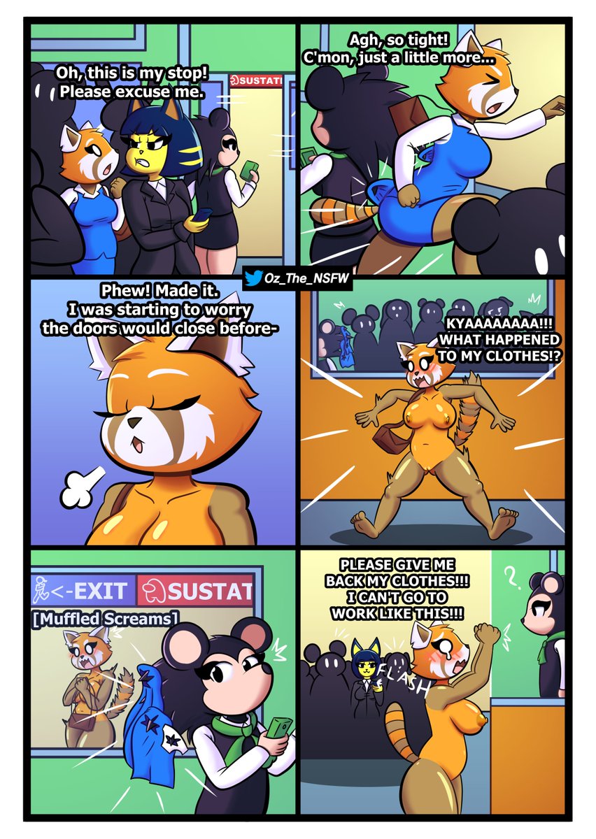 2022 2d aggressive_retsuko aggretsuko among_us among_us_reference animal_crossing ankha ankha_(animal_crossing) anthro ass breasts comic crossover embarrassed embarrassed_nude_female enf english_text innersloth labelle_able nintendo nipples office_lady oz_the_freak pussy retsuko sanrio smooth_fur streaking sus text wardrobe_malfunction