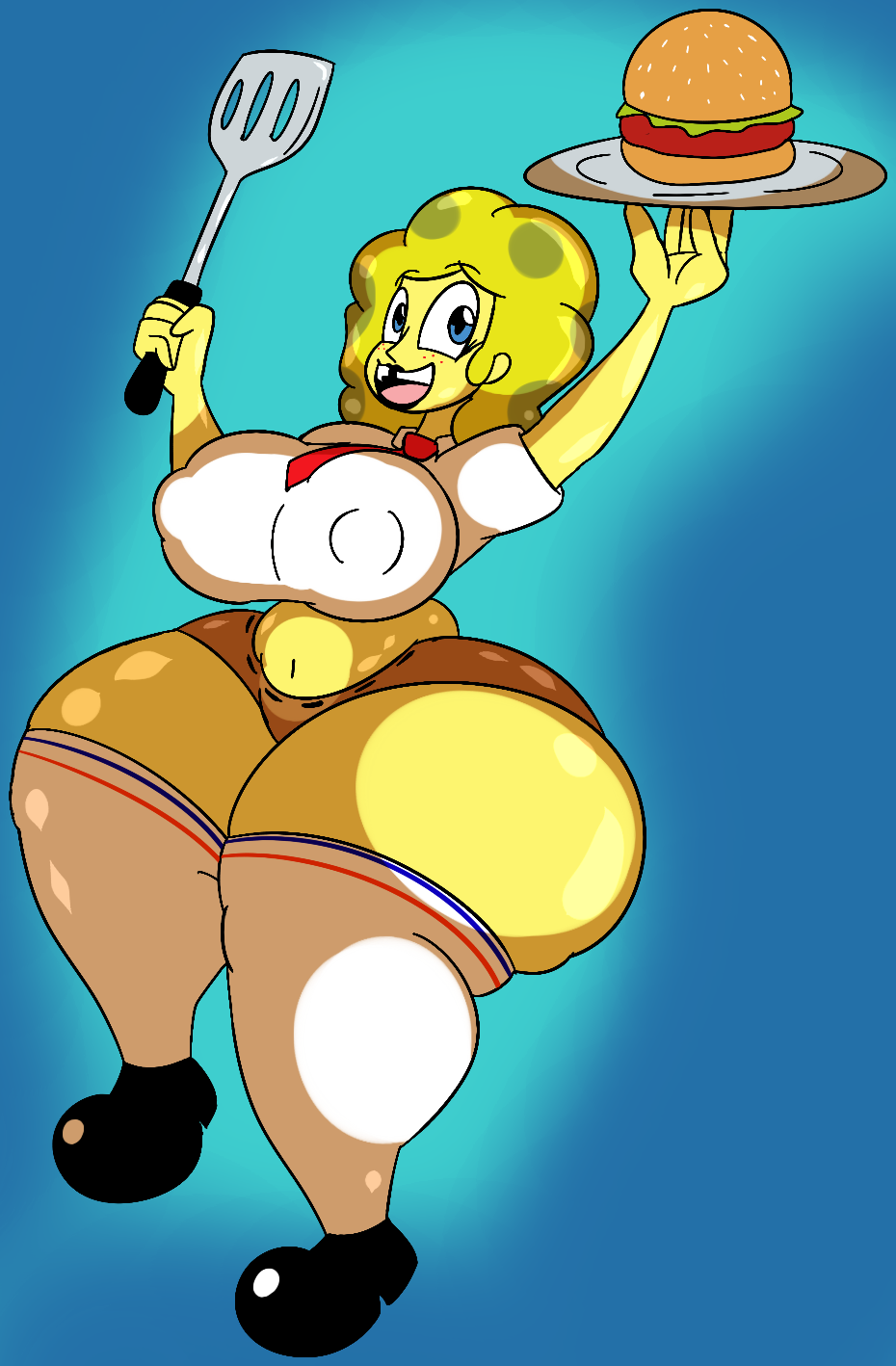 big_hips breasts female humanoid looking_at_viewer mrpr1993 muffin_top nickelodeon nipples_visible_through_clothing rule_63 shoes short_shorts smiling smiling_at_viewer smooth_skin socks spatula sponge spongebob_squarepants spongebob_squarepants_(character) thick_thighs tie