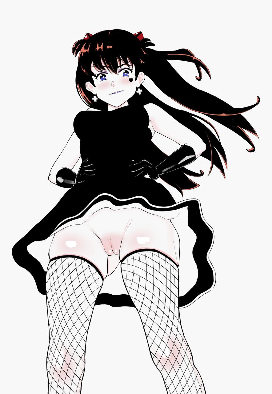 1girls asuka_langley_sohryu black_hair blue_eyes dress female female_only fishnet_stockings fishnets goth goth_asuka goth_girl heart_tattoo latex_gloves long_hair neon_genesis_evangelion no_panties pussy solo solo_female tsngrmn uncensored upskirt