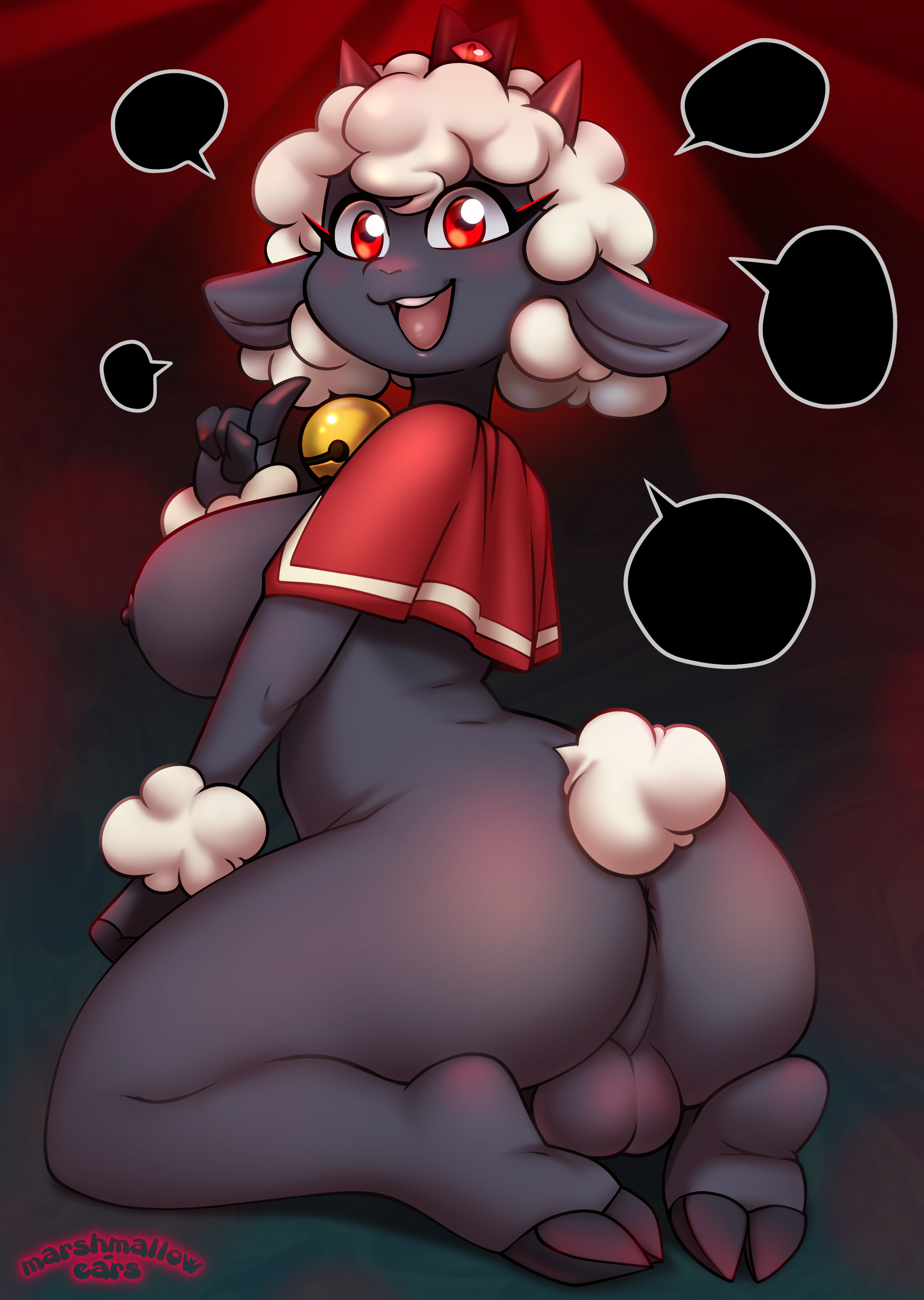 absurd res, anthro, anus, areola, backsack, balls, ballsack, bell, big breasts, black areola, black nipples, bovid, breasts, caprine, clothing, cult of the lamb, dialogue, fur, futanari, genitals, grey body, hi res, hooves, horn, intersex, kneeling, lamb (cult of the lamb), looking at viewer, mammal, marshmallow-ears, mostly nude, nipples, open mouth, red clothing, red crown (cult of the lamb), red eyes, sheep, simple background, sitting, smile, solo, talking to viewer, white body, white fur, wool (fur)