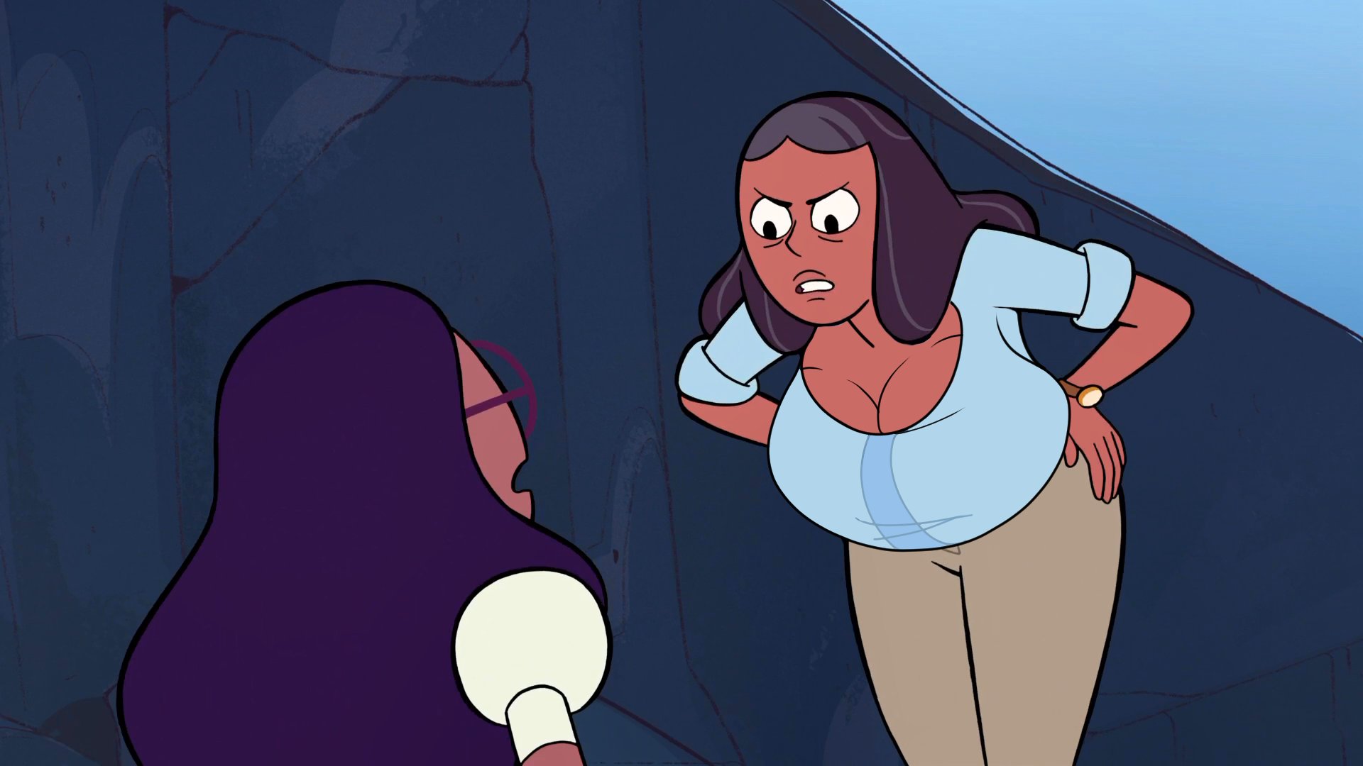 2girls, accurate art style, alternate version available, angry, angry face, big breasts, breasts, breasts bigger than head, breasts bigger than torso, cleavage, clothed, connie maheswaran, conscious, dark skin, dark-skinned female, female, female only, fully clothed, hands on hips, hourglass figure, huge breasts, hyper breasts, long hair, looking at another, milf, multiple females, multiple girls, nerota, nude, nude edit, nude female, nude filter, photoshop, priyanka maheswaran, screen, screen capture, screen face, screencap, screenshot, screenshot edit, sleeves rolled up, steven universe, tagme, third-party edit