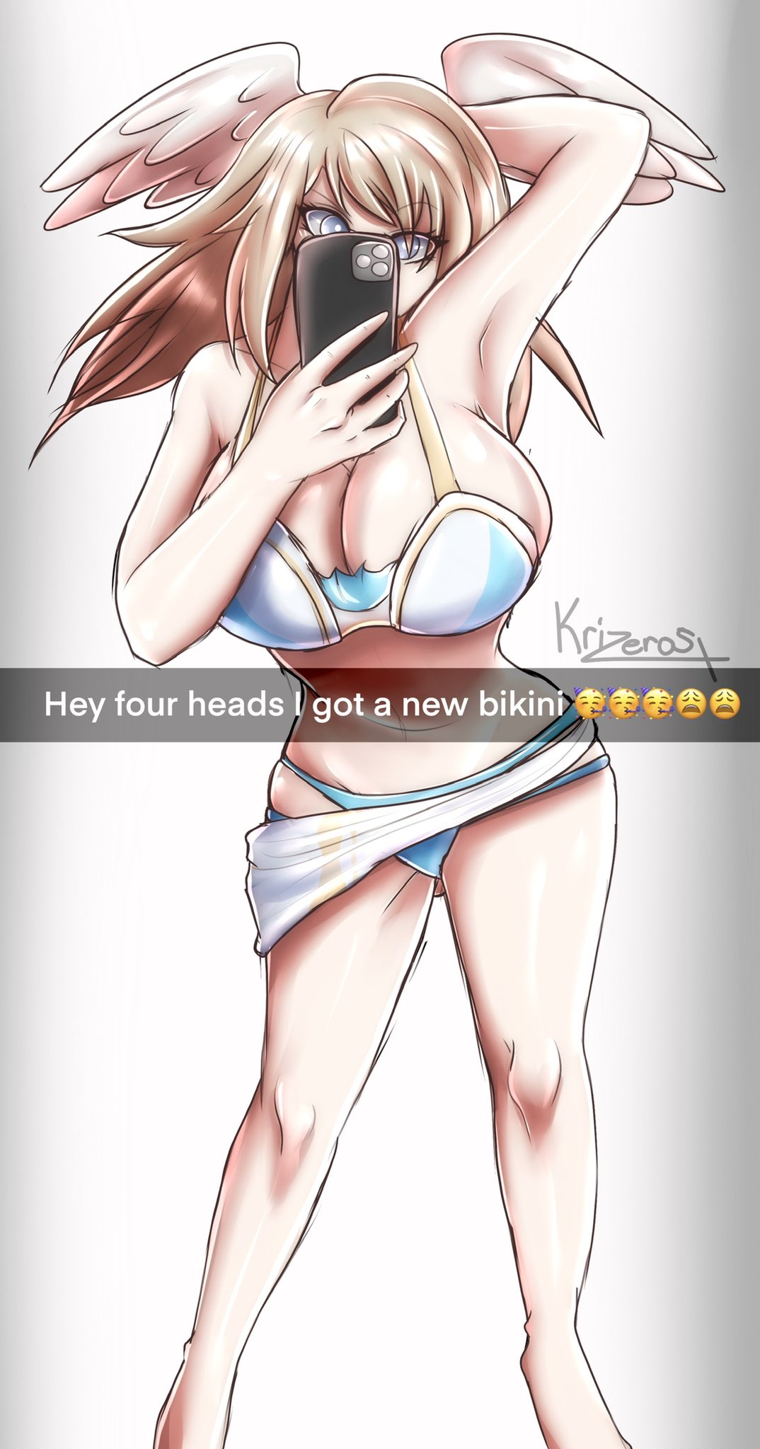 1girls alternate_version_available bikini bikini_bottom bikini_top breasts completely_nude_female dialogue eunie_(xenoblade) selfie spicezeros wings wings_on_head xenoblade_(series) xenoblade_chronicles_3