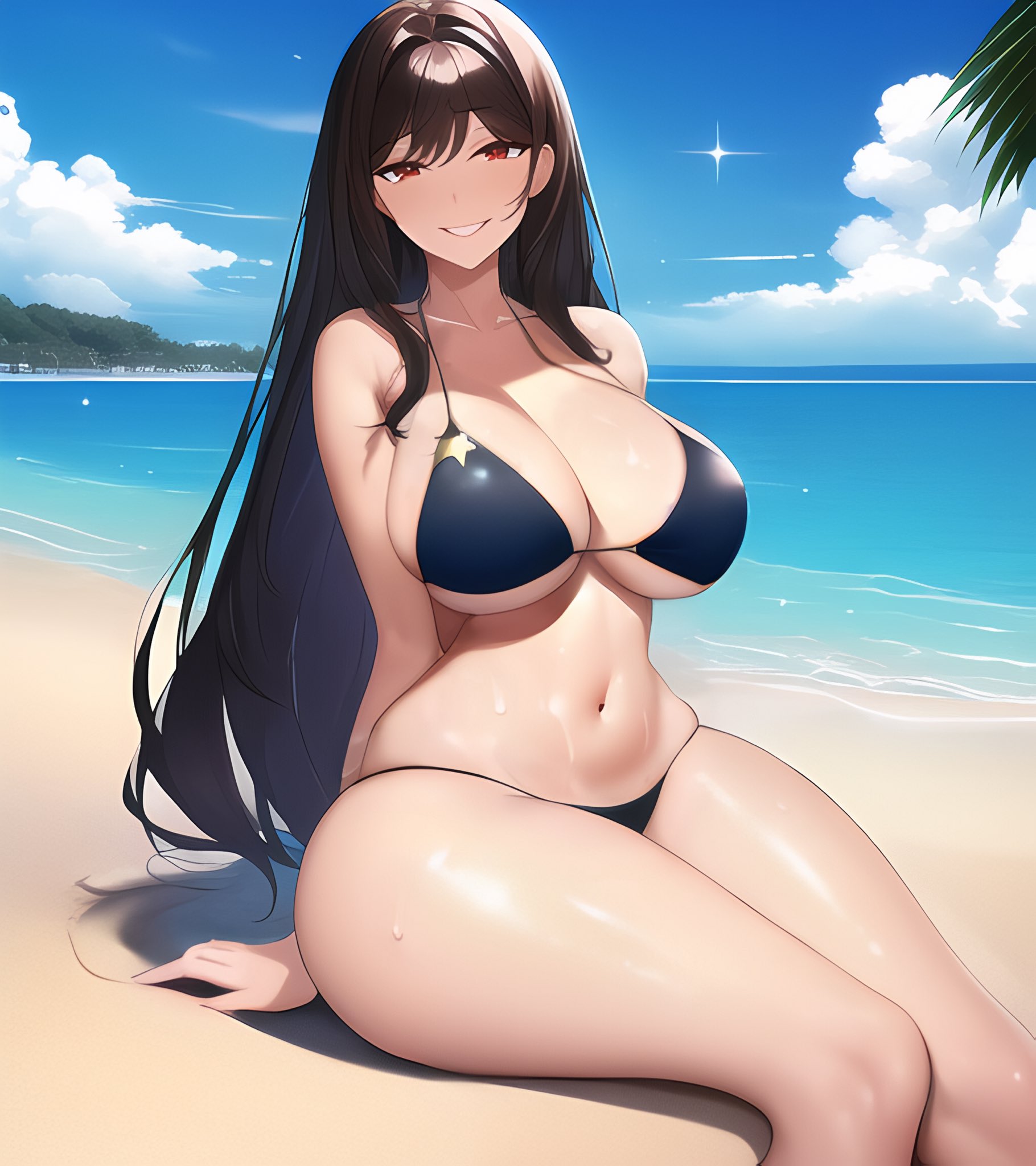 1girls, ai generated, big breasts, black hair, breasts, bulging breasts, curvaceous, curvy body, curvy figure, female, highres, long hair, looking at viewer, nai diffusion, original, original character, stable diffusion, voluptuous female
