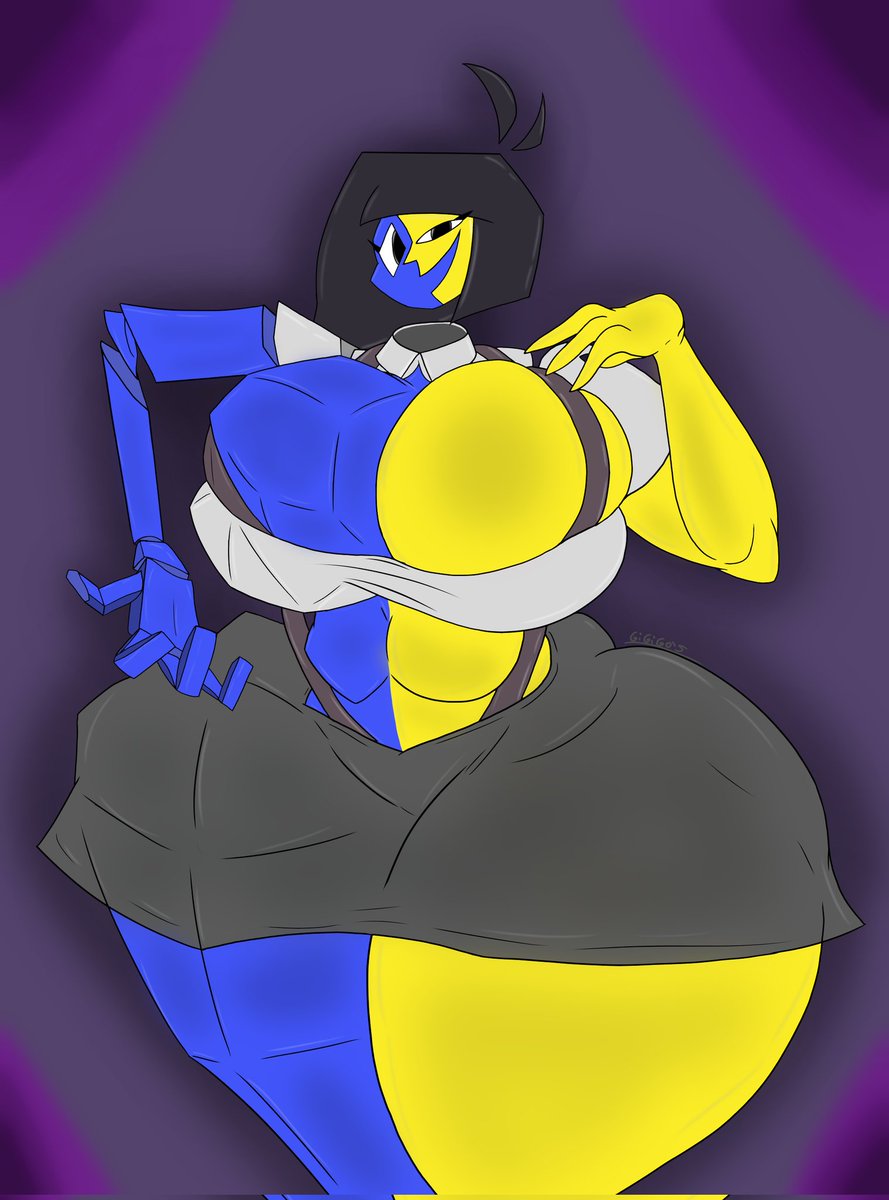 1girls, ass, big breasts, big hips, black hair, blue skin, breasts, cleavage, ena, ena (orginal), female, gigigo, joel g, looking at viewer, multicolored skin, smiling, smiling at viewer, thick ass, thick thighs, wide hips, yellow skin