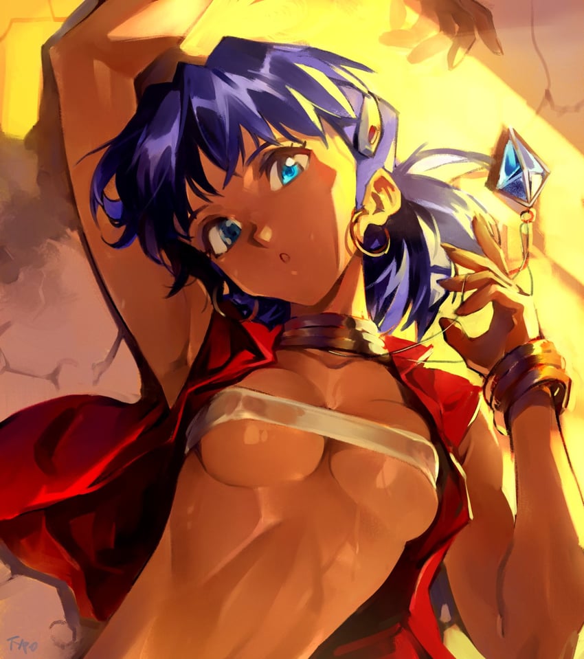 1girls bandeau blue_eyes blue_hair brick covered_nipples crystal dark_skin earrings female female_focus female_only fushigi_no_umi_no_nadia looking_at_viewer lying lying_on_back lying_on_ground midriff nadia_la_arwall necklace nipples open_mouth open_vest optionaltypo painting_(artwork) purple_hair see-through see-through_clothing short_hair skimpy skimpy_clothes skinny small_breasts small_clothes solo solo_female solo_focus sweat underboob undersized_clothes upper_body vest