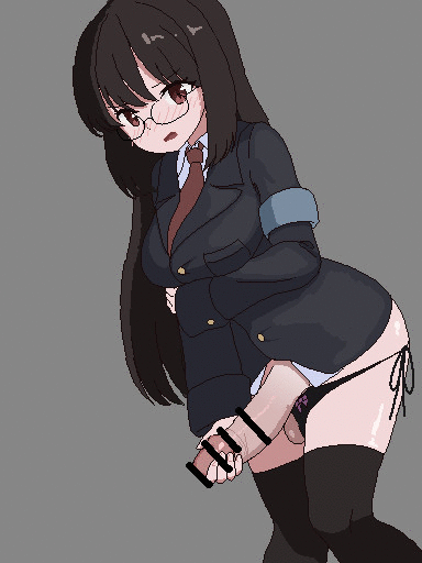 1futa, animated, balls, bar censor, big breasts, big penis, black legwear, black stockings, blush, bottomless, breasts, brown eyes, brown hair, censored, clothed, clothing, duke shiwa, erection, female, futa only, futanari, glasses, human, intersex, knees together feet apart, legwear, light skin, light-skinned futa, long hair, looking at viewer, masturbation, mostly clothed, necktie, panties, penis, pixel art, precum, school uniform, schoolgirl, shiwa kou, smooth penis, solo, standing, stockings, thighhighs, wide hips