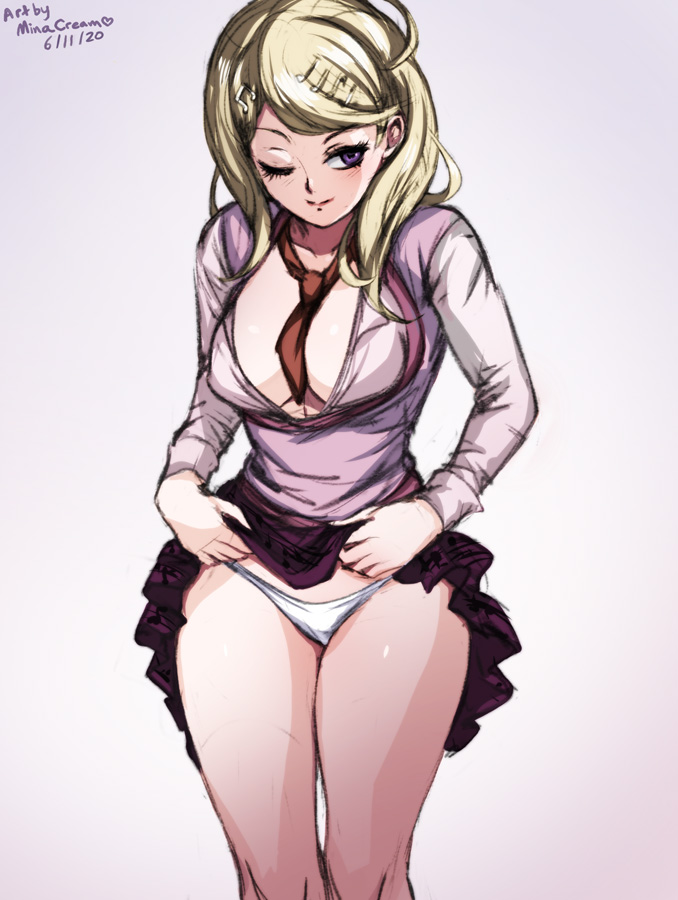1girls, akamatsu kaede, bare legs, blonde hair, breasts, cowboy shot, danganronpa, danganronpa v3, female, female only, flashing, flashing panties, flirting, hair ornament, long hair, long sleeves, medium breasts, minacream, panties, shirt open, skirt lift, skirt up, smile, smiling, straight hair, stripping, thick thighs, thighs, tie, white panties, wide hips, wide thighs, winking