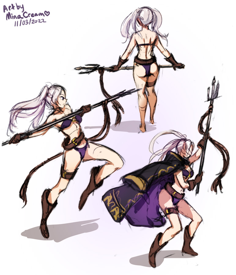 1girls alternate_costume ass back back_view bare_back bare_legs barefoot big_ass bikini boots breasts coat female female_only fire_emblem fire_emblem_awakening fire_emblem_heroes legs medium_breasts minacream nintendo o-ring o-ring_bikini official_alternate_costume purple_bikini purple_swimsuit robin_(female)_(summer)_(fire_emblem) robin_(fire_emblem) robin_(fire_emblem)_(female) solo spear swimsuit throwing weapon