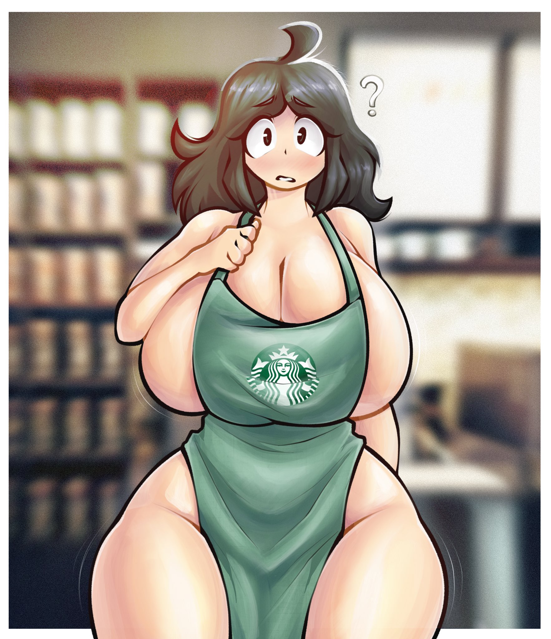 ?, 1girls, 2022, apron, apron only, black hair, breasts, cleavage, curvaceous, curvy, eye contact, eyebrows visible through hair, female, female focus, hips, huge breasts, iced latte with breast milk, looking at viewer, medium hair, meme, mostly nude, sideboob, solo, solo female, solo focus, starbucks, voluptuous, w0m1, wide hips