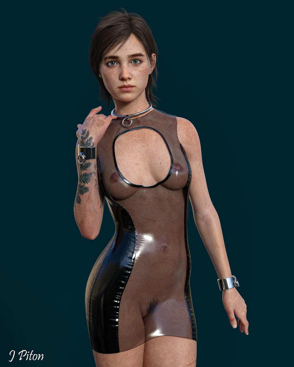 3d, areolae, athletic, athletic female, breasts, brown hair, busty, collar, cuffs, ellie (the last of us), ellie williams, female, female focus, female only, hourglass figure, joaquinpiton, looking at viewer, naughty dog, nipples, pubic hair, pussy, see-through clothing, small breasts, solo, solo female, submissive, submissive female, tagme, tattoo, the last of us, the last of us 2, wide hips, wrist cuffs