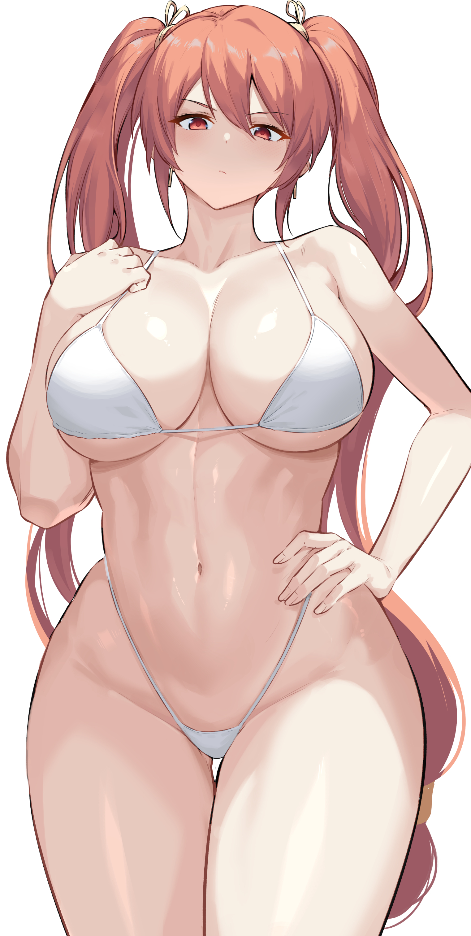 1girls, absurd res, bangs, bikini, breasts, cleavage, closed mouth, cowboy shot, dungeon and fighter, earrings, female, female only, hair ornament, hand on hip, hand up, hi res, highleg, highleg bikini, highres, jewelry, kook, large breasts, light skin, light-skinned female, long hair, looking at viewer, navel, ophelia bagrans, red eyes, red hair, sideboob, simple background, solo, swimsuit, thighs, twintails, underboob, white background, white bikini