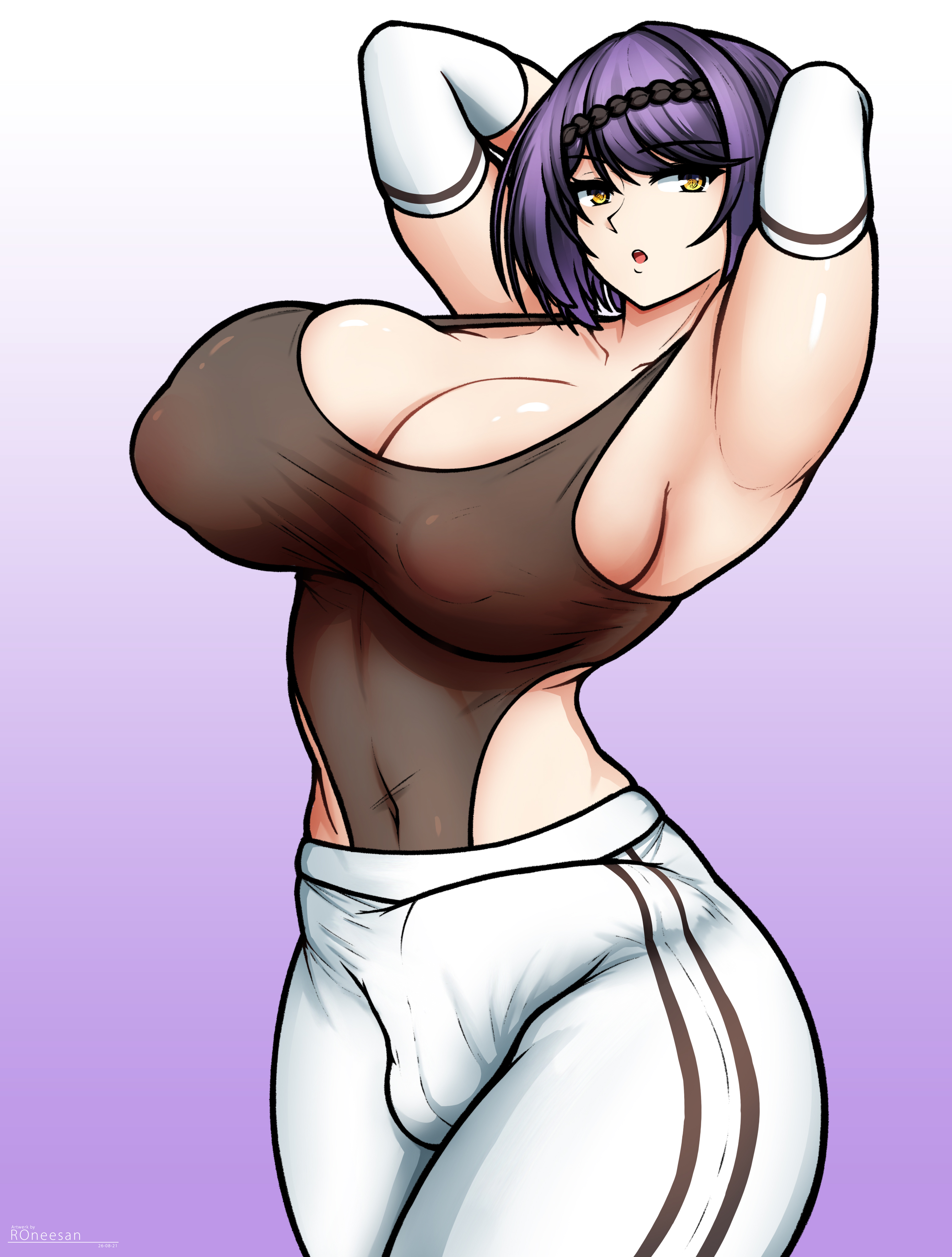 1futa, arms behind head, arms up, armwear, balls, big breasts, big penis, big thighs, breasts, bulge, busty, cleavage, clothed, clothing, dickgirl, fully clothed, futa only, futanari, genshin impact, huge breasts, huge bulge, huge cock, huge penis, human, intersex, kujou sara, large breasts, large penis, light skin, light-skinned futa, penis, penis under clothes, purple hair, roneesan, sideboob, solo, solo futa, sportswear, standing, testicles, thick penis, thick thighs, thighs, voluptuous, yellow eyes
