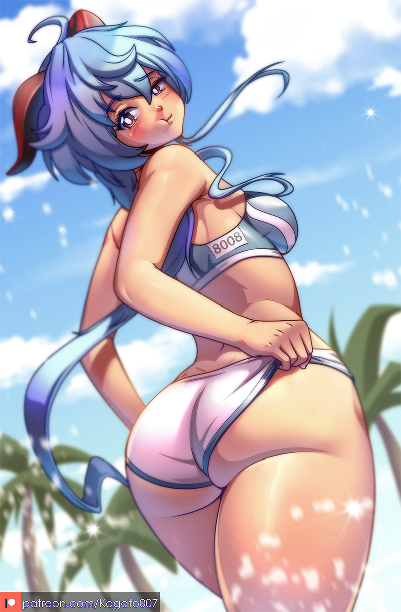 annoyed annoyed_expression ass ass_focus back_view beach blue_hair blush cowboy_shot ganyu_(genshin_impact) genshin_impact horns huff kagato007 purple_eyes sports_bra sportswear thick_ass thick_thighs thighs tight_clothing tight_fit uniform water wide_hips wide_thighs