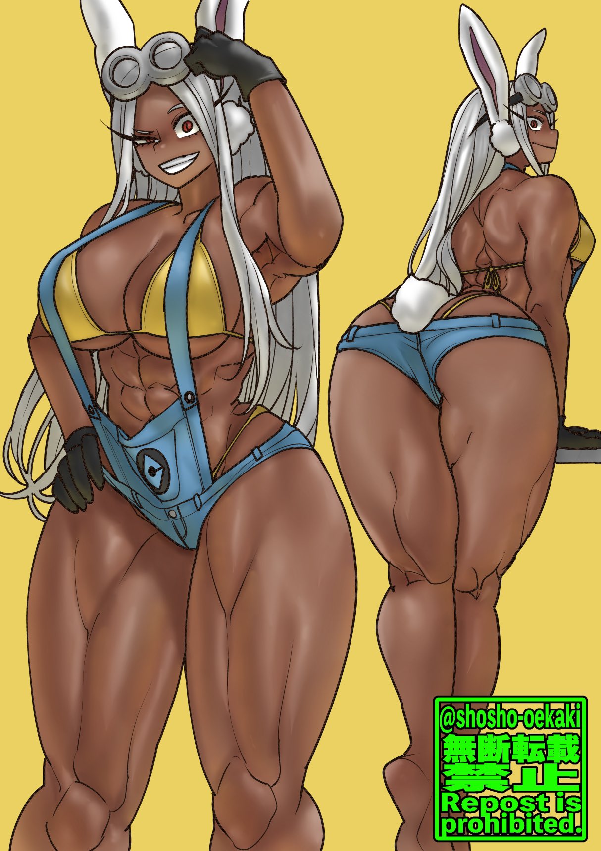 back view, barefoot, female, gloves, goggles, minion (cosplay), minions (film), miruko, muscular, muscular female, my hero academia, overalls, rumi usagiyama, shosho oekaki, smiling, thong bikini