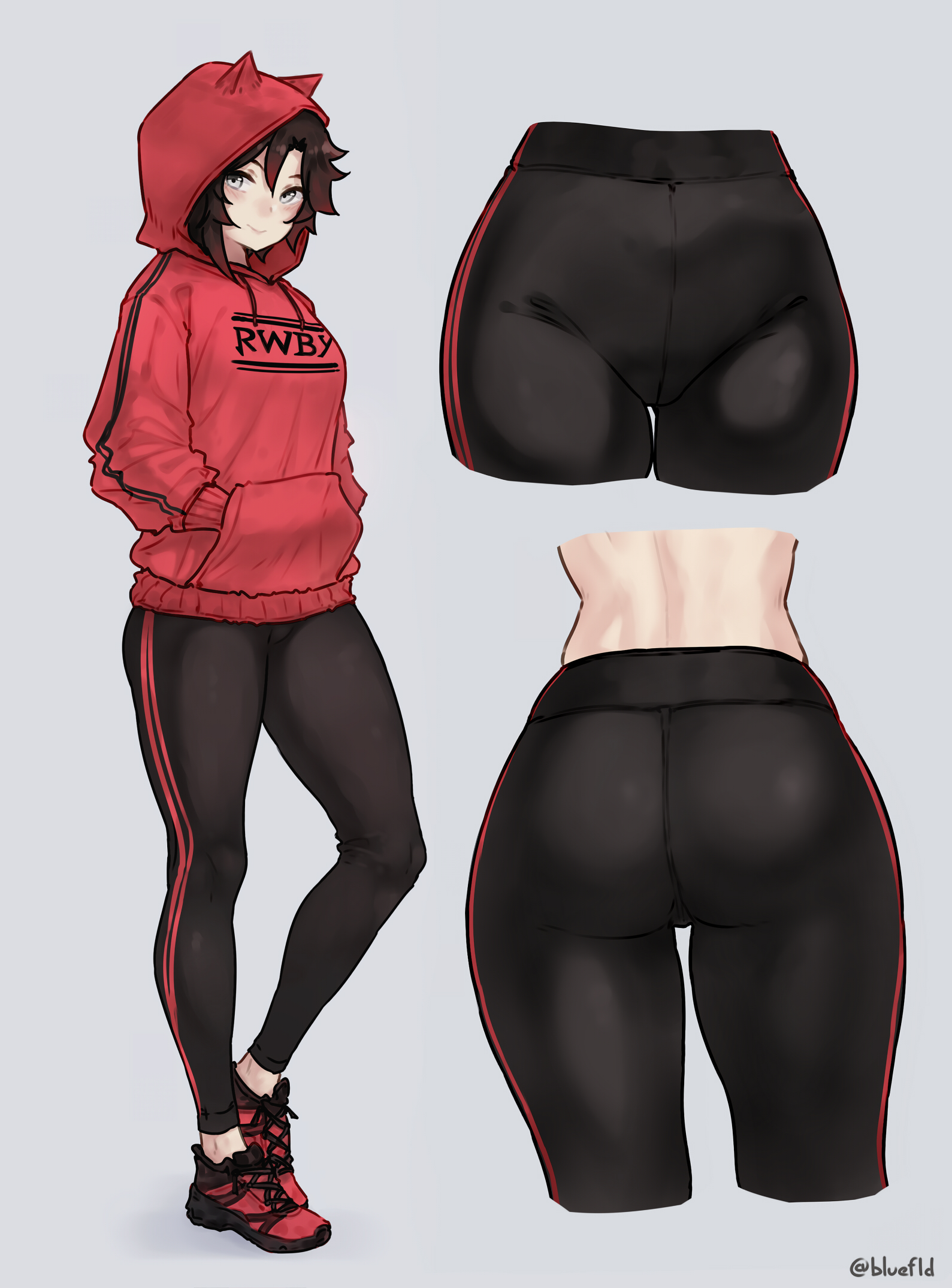 alternate costume, artist name, ass, black hair, black leggings, bluefield, commentary, copyright name, cropped legs, english commentary, female, female only, from behind, gluteal fold, grey background, grey eyes, groin, hands in pockets, highres, hood, hood up, hoodie, leggings, looking at viewer, messy hair, pants, red hair, red hoodie, ruby rose, rwby, smile, solo, thigh gap, thighs, track pants, twitter username