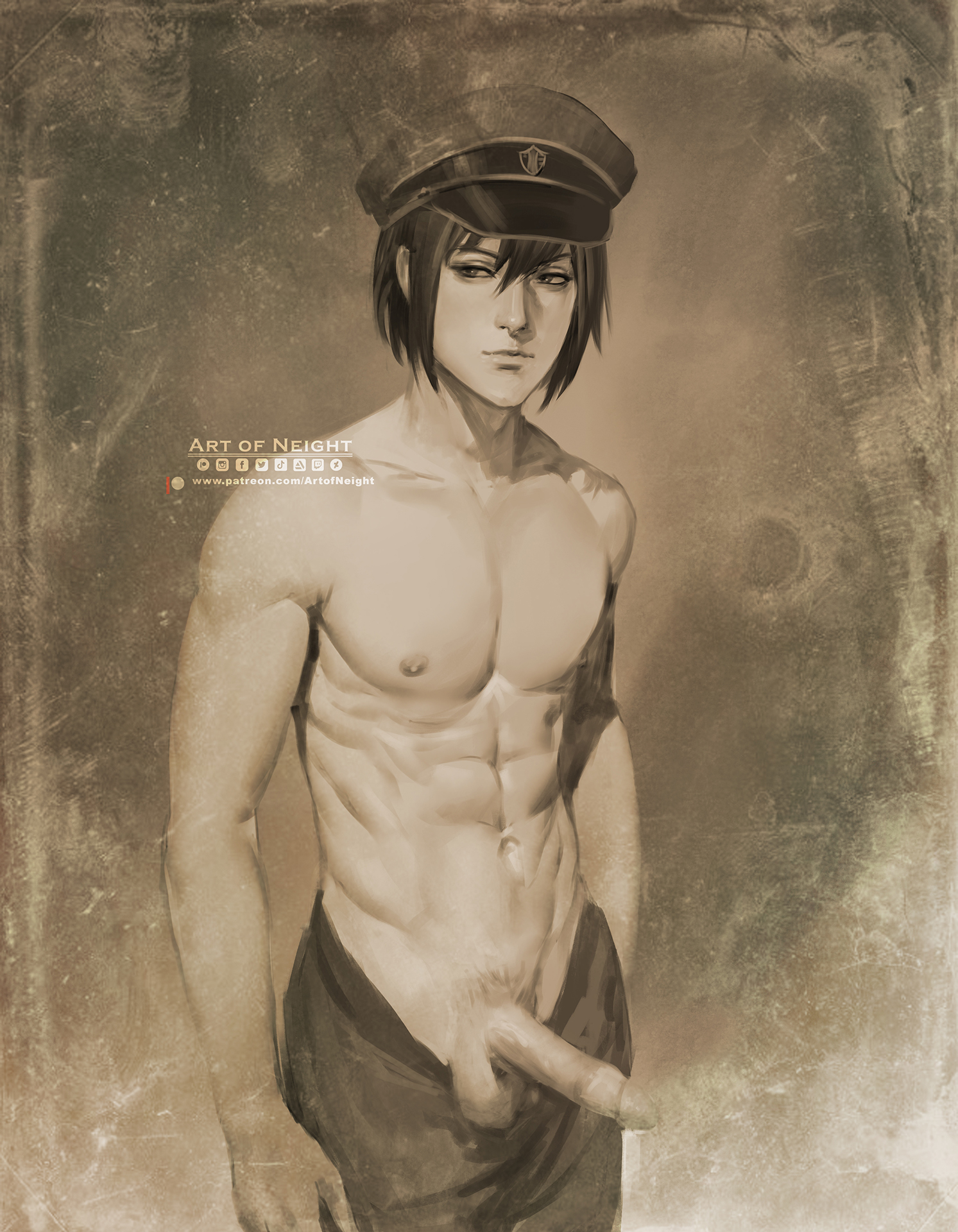 1boy, balls, boner, circumcised, circumcision scar, genitals, hat, male, male only, military hat, monochrome, neight, penis, shirtless, solo, spy x family, standing, testicles, yuri briar