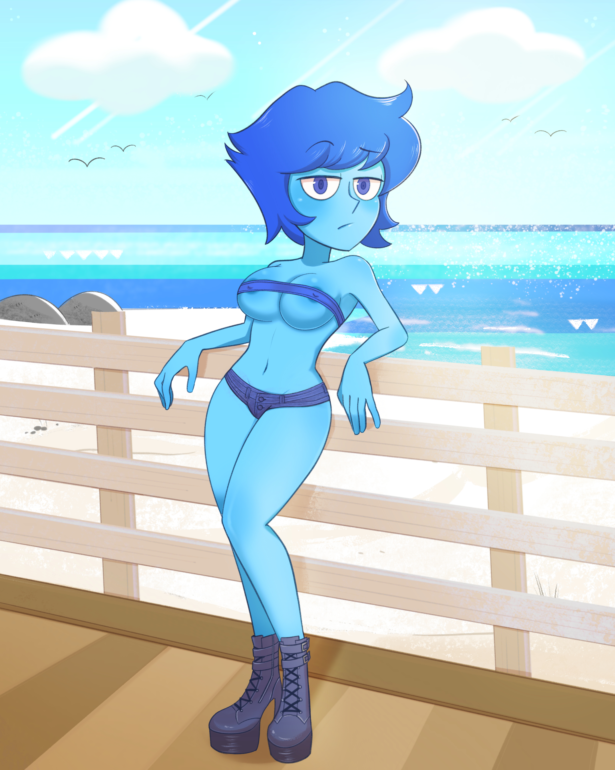 1girls, alternate breast size, areola slip, bandeau, beach, blue eyes, blue hair, blue skin, boots, breasts, cleavage, covered nipples, day, daytime, eyebrow raise, female, female focus, female only, fence, full body, groin, h space, half-dressed, high heel boots, lapis lazuli (steven universe), leaning back, leaning on elbow, legs, looking at viewer, medium breasts, micro shorts, midriff, navel, ocean, sea, short shorts, shorts, skimpy, skimpy clothes, sky, solo, solo female, solo focus, standing, steven universe, stomach, sunlight, thighs, underboob