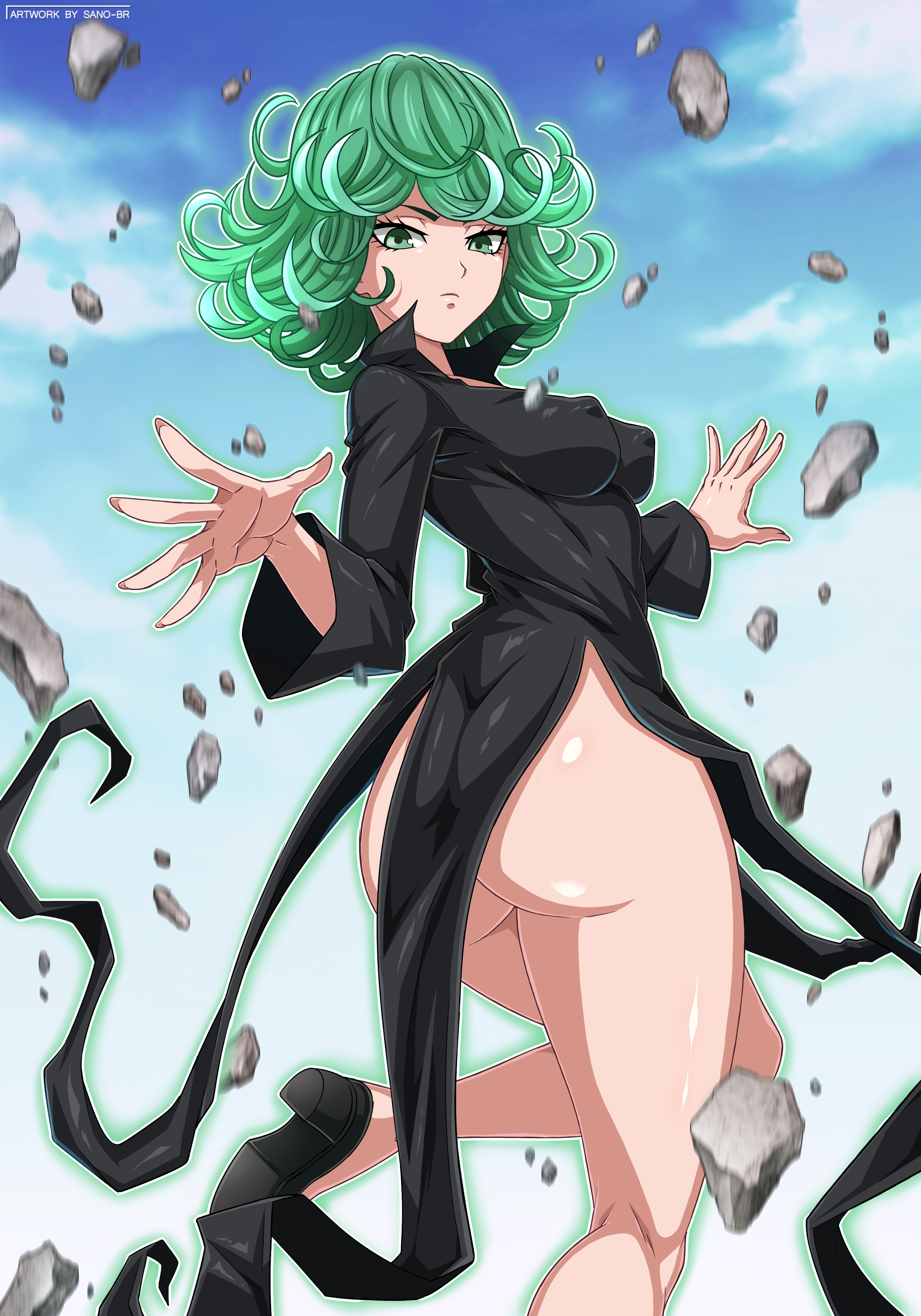 1girls, action pose, ass, dress, edit, edited, erect nipples under clothes, female, green eyes, green hair, no panties, one-punch man, sano-br, shiny skin, solo, tagme, tatsumaki