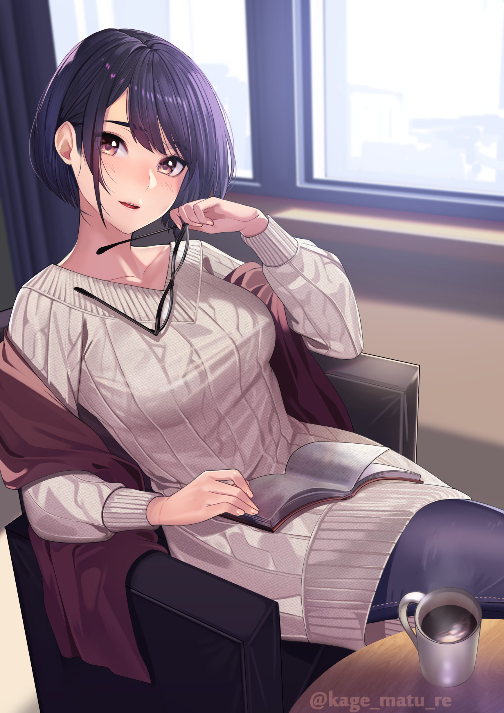 1girls, black-framed eyewear, blurry background, blush, bob cut, book, breasts, brown eyes, coffee, coffee mug, cup, dress, female, glasses, highres, indoors, kagematsuri, light skin, light-skinned female, long sleeves, looking at viewer, looking to the side, medium breasts, original, original character, purple hair, reading, reading book, shawl, short hair, sitting, sweater, sweater dress, window