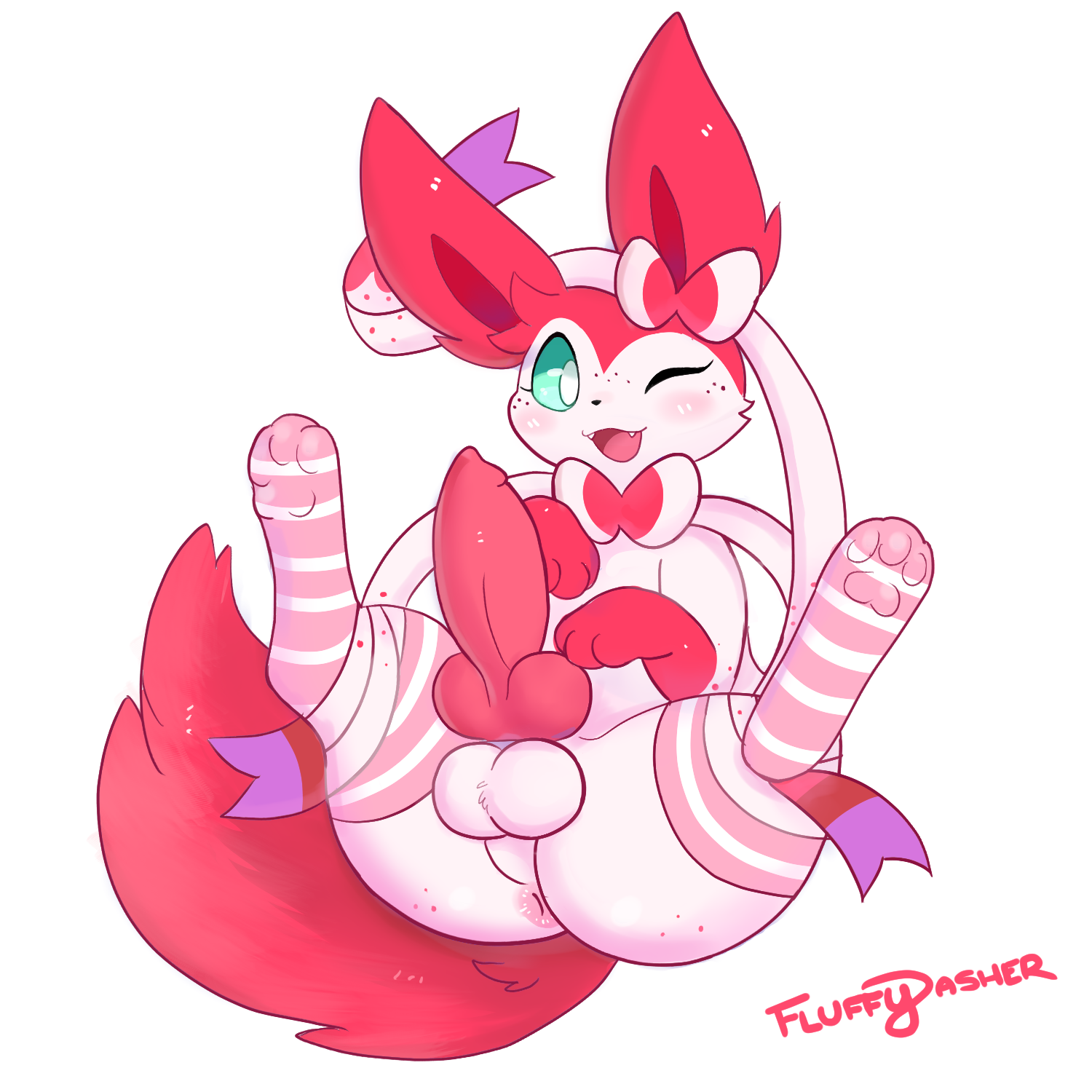 1boy, anus, ass, balls, clothing, eeveelution, erection, femboy, feral, fluffy, fluffy tail, fluffydasher, footwear, fur, furry, furry only, fuwa (fluffydasher), generation 6 pokemon, genitals, green eyes, hi res, male, male only, male sylveon, nintendo, pattern clothing, penis, pokemon, pokemon (species), ribbons, simple background, socks, solo, striped clothing, stripes, sylveon, tail, video games, white background, wink