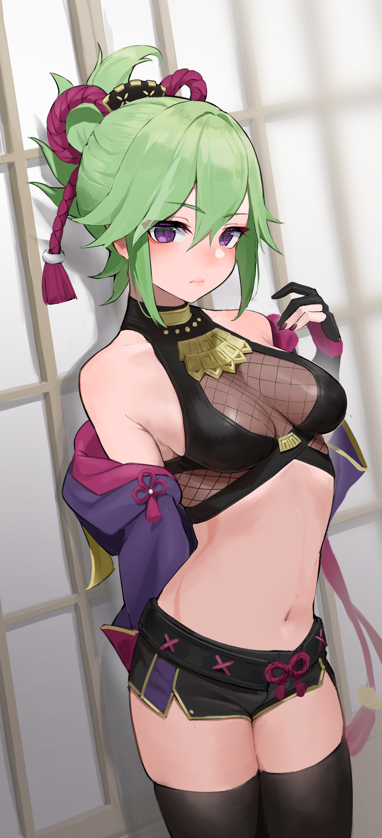 1girls, bare shoulders, belly, belly button, breasts, cleavage, clothing, female, fishnet shirt, fishnets, genshin impact, green hair, hi res, jacket, kuki shinobu, midriff, ninja, off shoulder, ponytail, purple eyes, short shorts, shorts, takita (takita3411), thighhighs