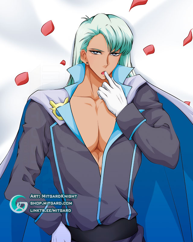 1boy abs anime_style bishoujo_senshi_sailor_moon body_pillow bodypillow clothing dakimakura finger_to_mouth gloves green_hair kunzite long_hair lying malachite male male_only on_back seductive solo