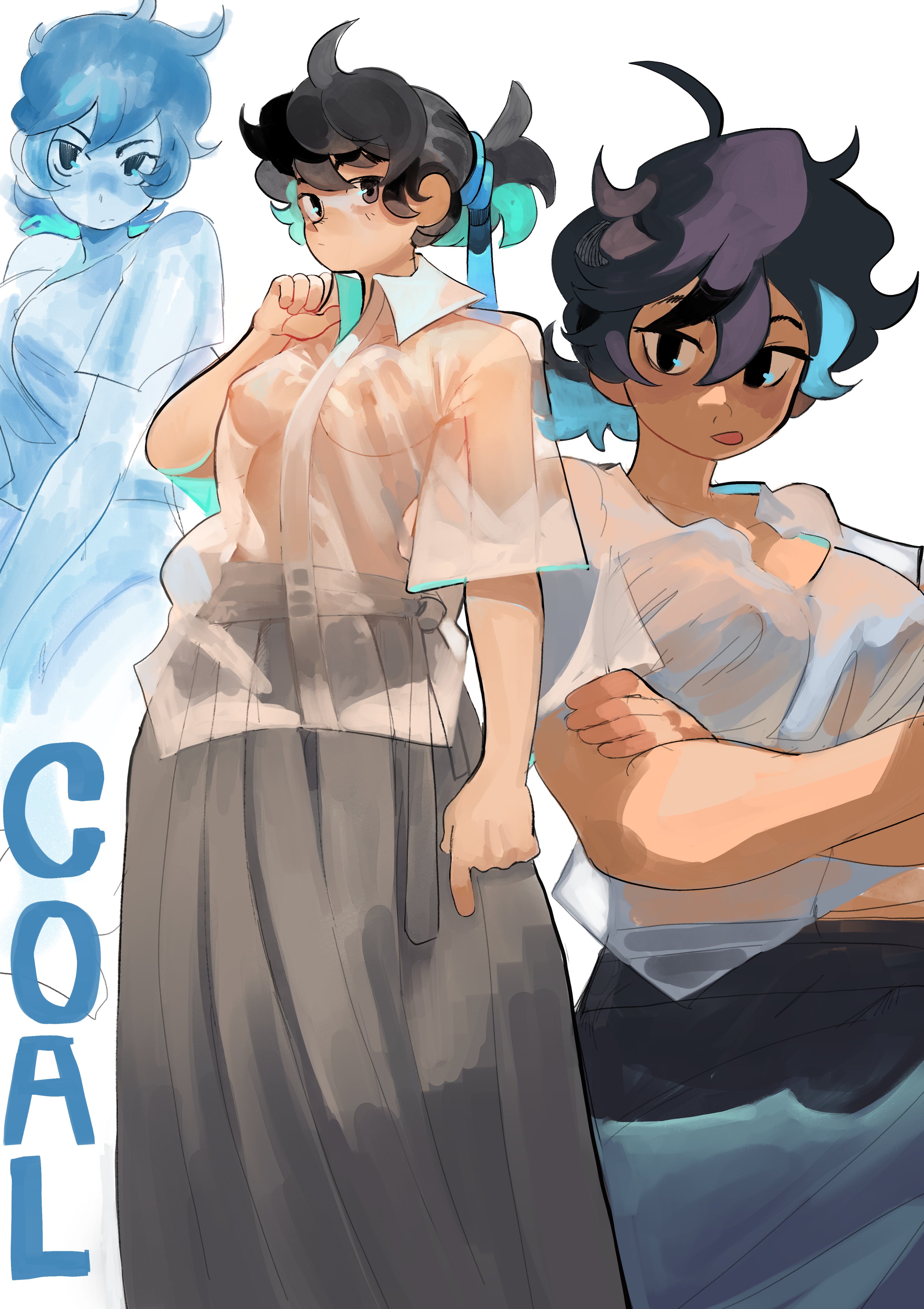 1girls, black hair, blue hair, blush, brown eyes, coal (lunydoobles), female, hair ornament, looking at viewer, lunydoobles, nipples, nipples visible through clothing, original, partially clothed, see-through clothing, short hair, smile, solo, standing, tongue, tongue out, two-tone hair