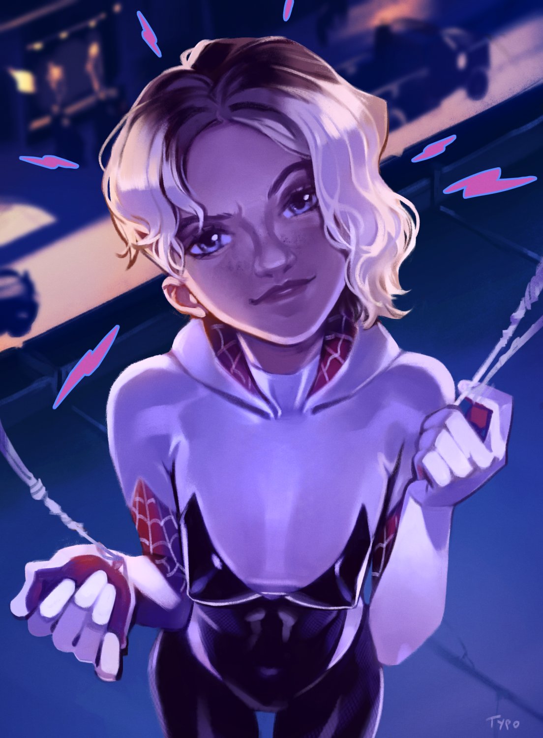 1girls, 2022, asymmetrical hair, blonde hair, blue eyes, bodysuit, breasts, clothed, detailed background, female, freckles, freckles on face, gwen stacy, light skin, light-skinned female, looking at viewer, marvel, marvel comics, nipple bulge, optionaltypo, perky breasts, smirk, solo, spider-gwen, spider-man (series), spider-man: into the spider-verse, young