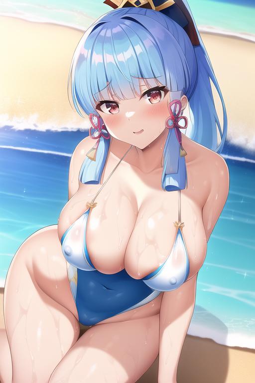 1girls, ai generated, alternate eye color, beach, blush, breasts, female, genshin impact, hair ornament, highleg swimsuit, hips, huge breasts, kamisato ayaka, light skin, light-skinned female, long hair, looking at viewer, nai diffusion, outdoors, ponytail, red eyes, slim waist, smile, stable diffusion, swimsuit, thick thighs, thighs, wet, wet body, wet breasts, white hair, wide hips