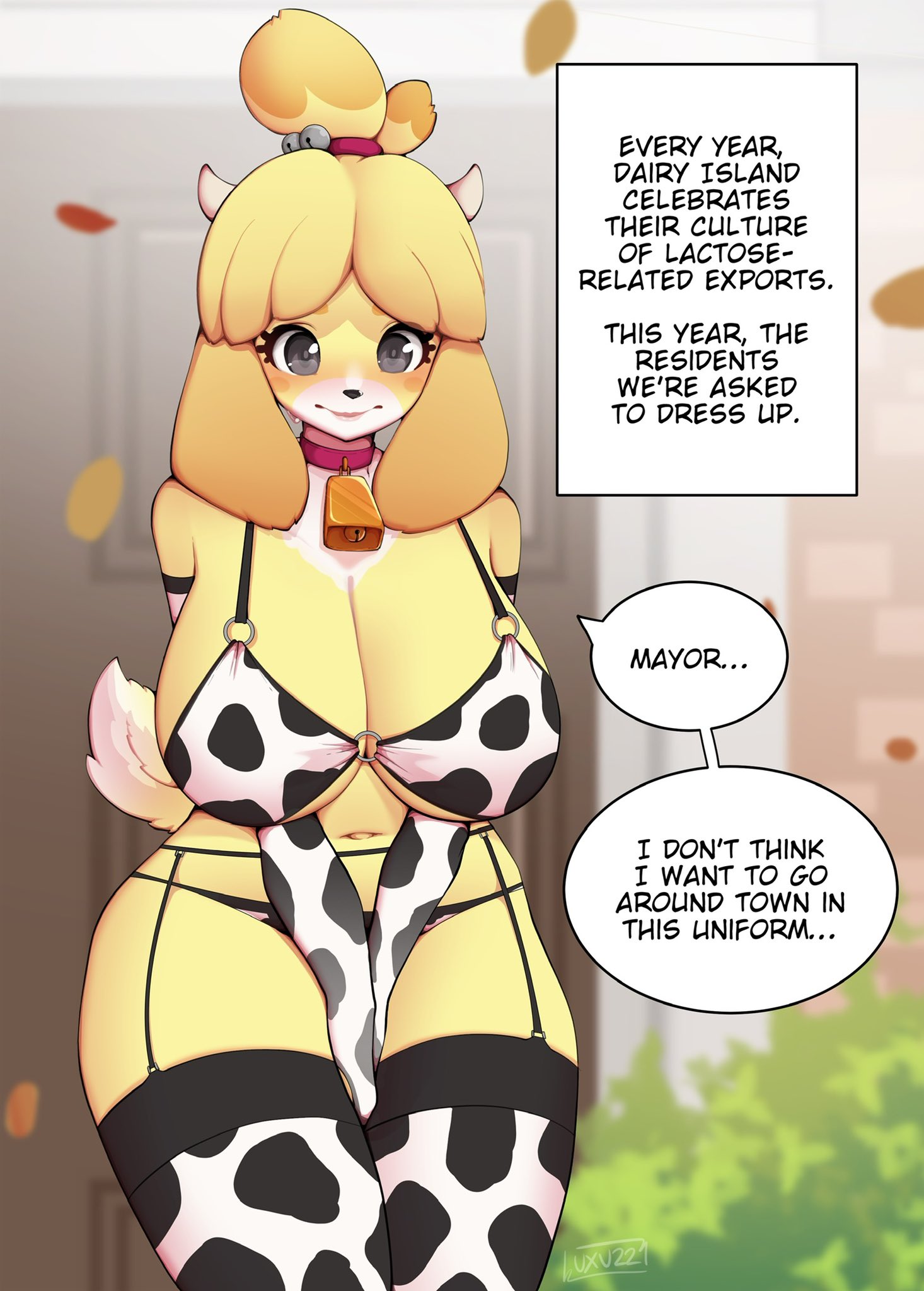 1girls, 2022, animal crossing, anthro, breasts, canid, canine, canis, cleavage, clothing, cow print, dialogue, english text, female, female only, fur, furry, furry only, huge breasts, isabelle (animal crossing), luxurias, nintendo, solo, speech bubble, tail, text, thighs, wide hips