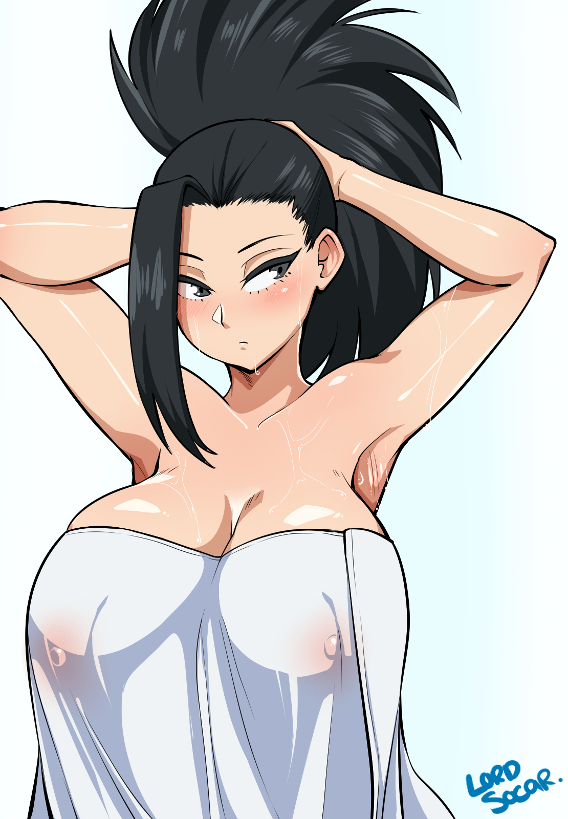 1girls, armpit fetish, armpits, arms behind head, arms up, artist signature, black hair, black-haired female, breasts, female, huge breasts, large breasts, light skin, light-skinned female, long hair, lord socar, momo yaoyorozu, my hero academia, nipples, nipples visible through clothing, ponytail, see-through, simple background, towel, towel only, wet, wet body