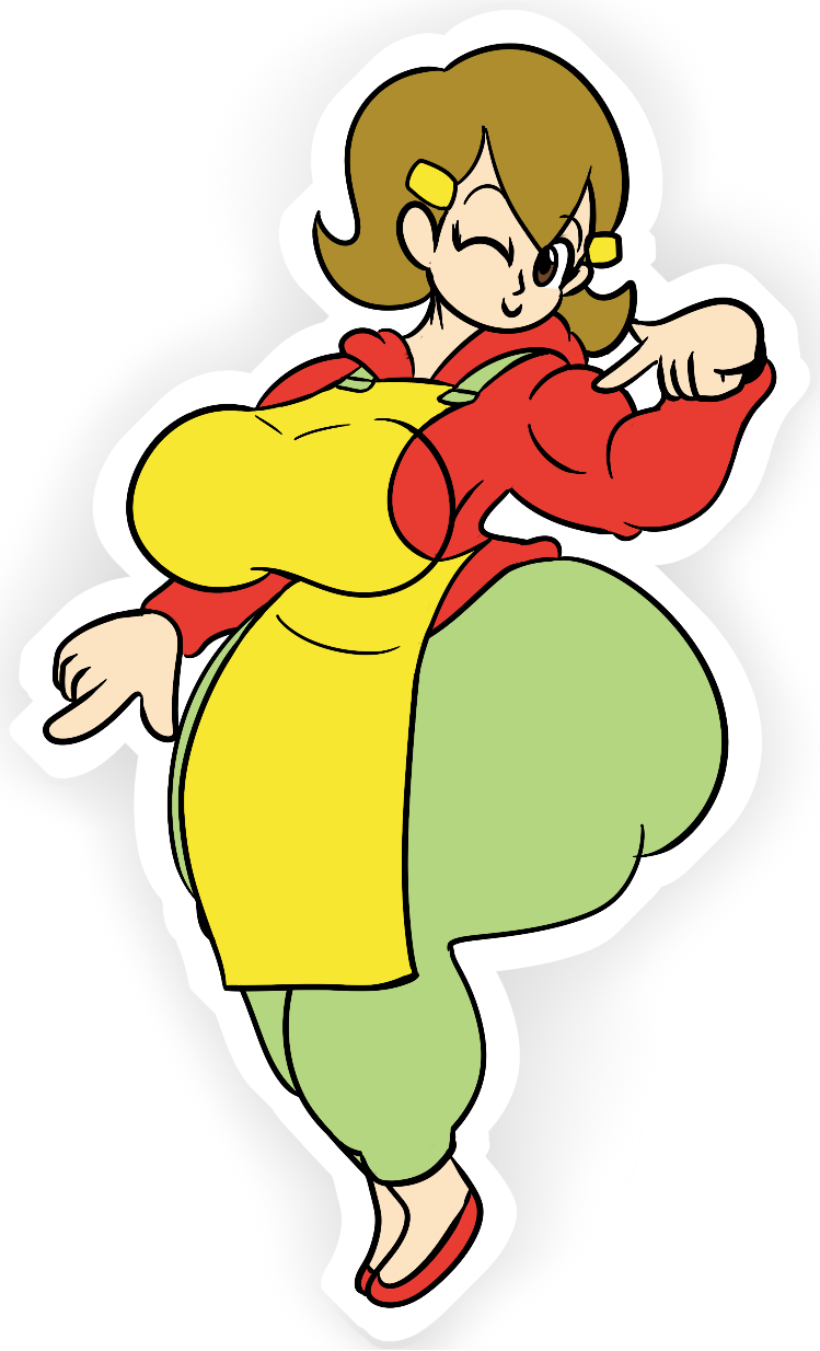 5-volt apron big_ass big_butt big_hips breasts brown_eyes brown_hair bubble_butt hoodie huge_ass mario_(series) milf mrpr1993 nintendo thick_ass thick_thighs warioware warioware_gold wink winking_at_viewer