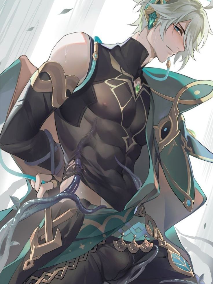 abs, aki2457564744, alhaitham (genshin impact), blush, gay, genshin impact, green eyes, human, human only, male, male focus, male only, muscular, muscular male, see-through clothing, skin tight, tentacle, undressing, white hair, yaoi