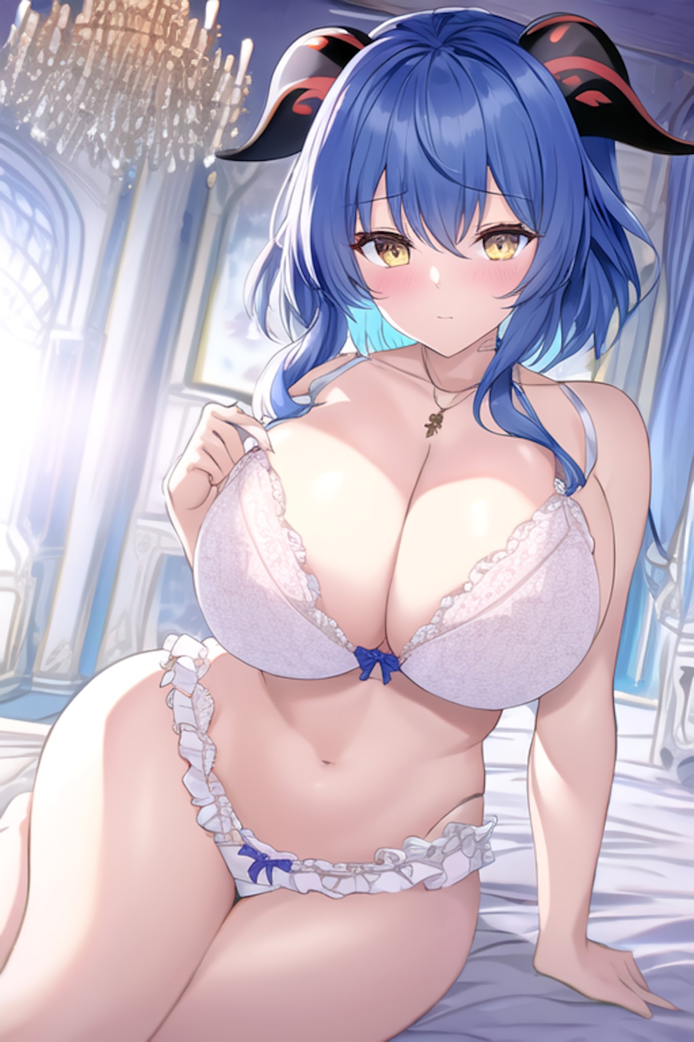 1girls, ai generated, alternate eye color, blue hair, blush, bra, breasts, cleavage, female, ganyu (genshin impact), genshin impact, gold eyes, hips, horns, huge breasts, indoors, light skin, light-skinned female, long hair, looking at viewer, nai diffusion, panties, stable diffusion, thick thighs, thighs, white bra, white panties, wide hips